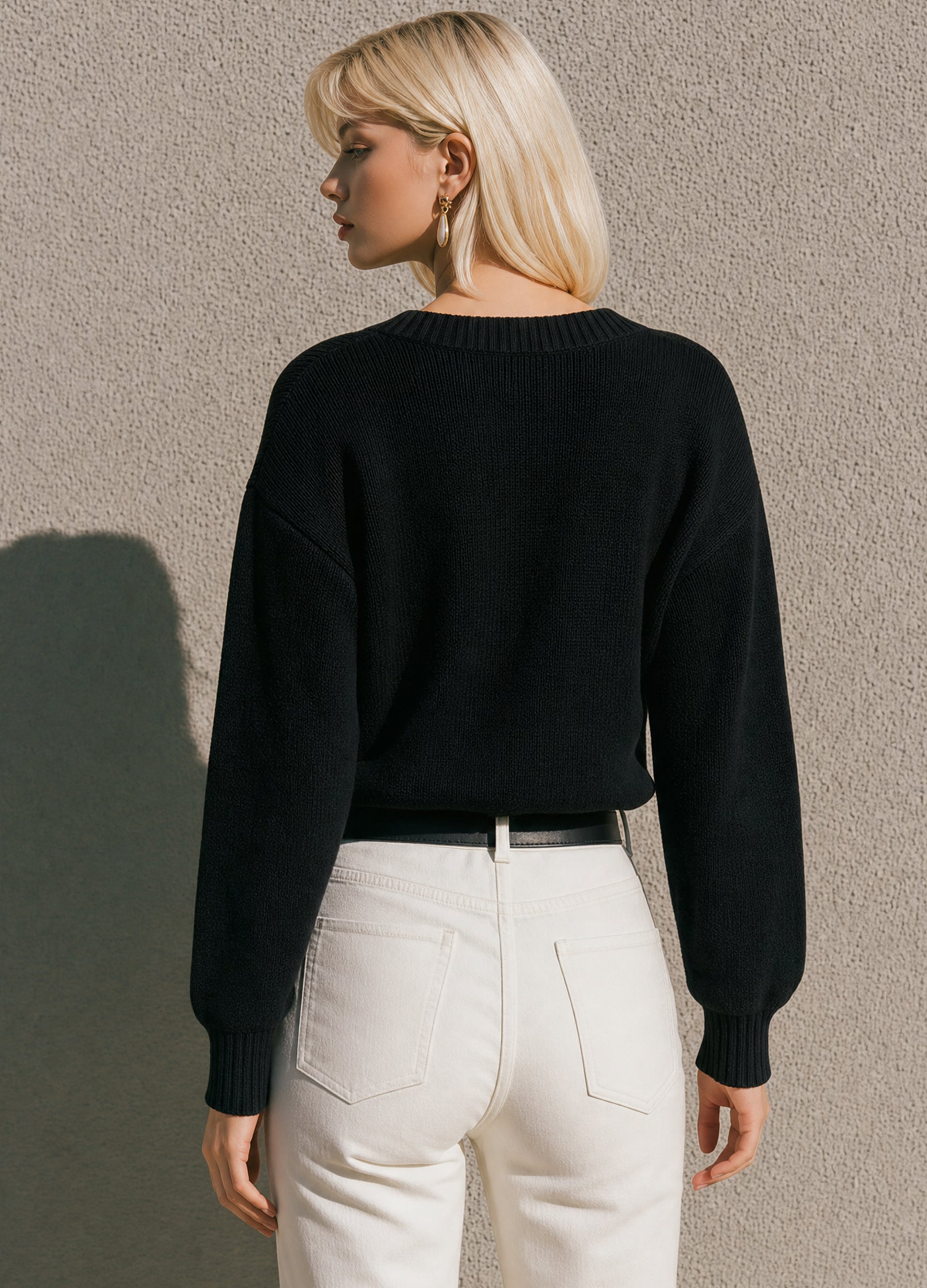 Black V‑Neck Bird‑Floral Knit Sweater
