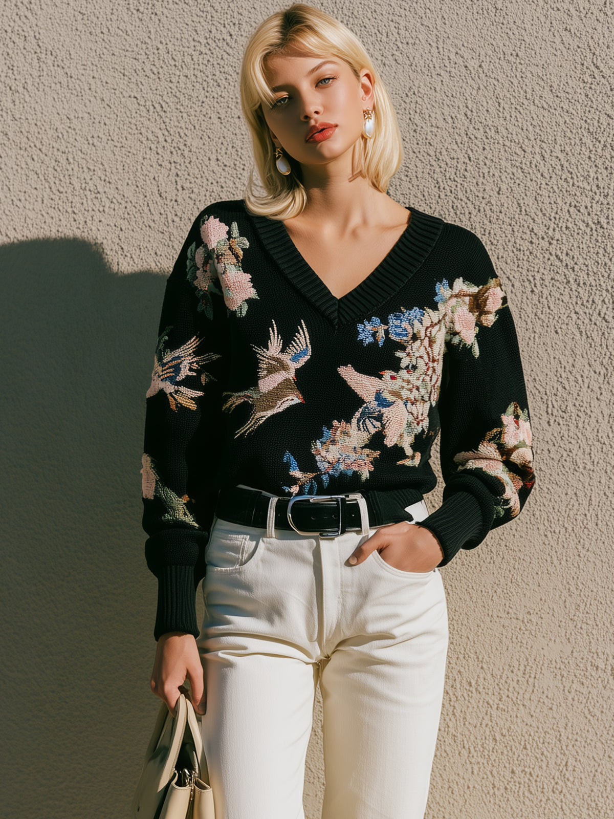 Black V‑Neck Bird‑Floral Knit Sweater