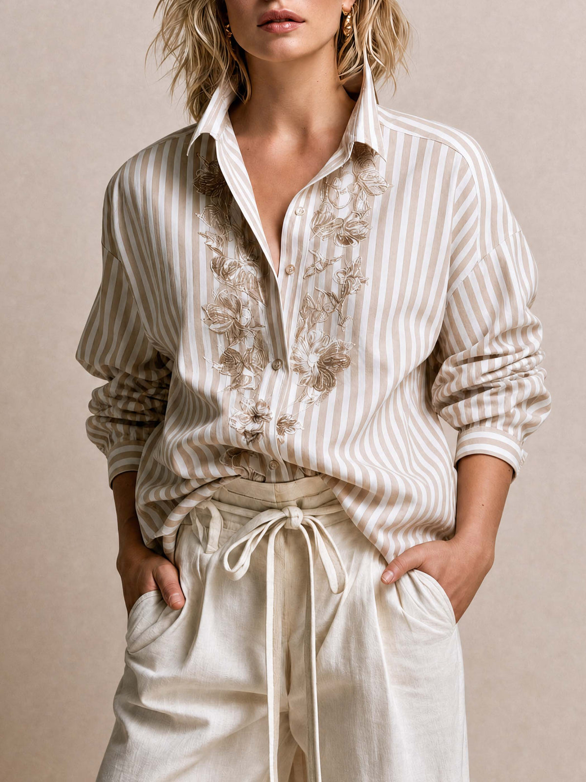Beige Striped Floral Embroidered Button-Up Shirt
