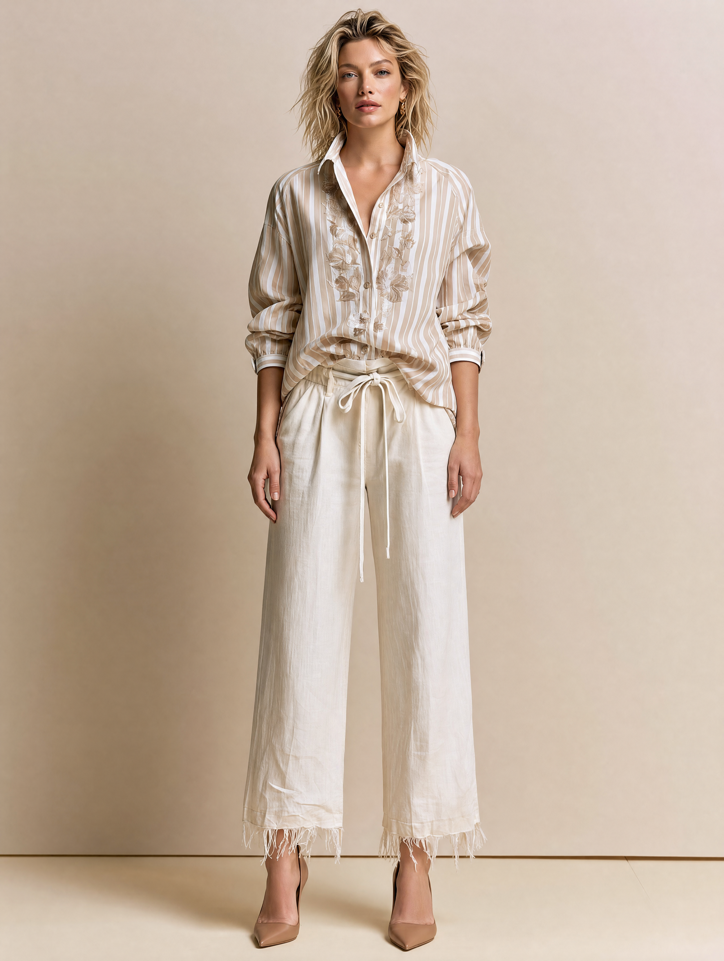 Beige Striped Floral Embroidered Button-Up Shirt