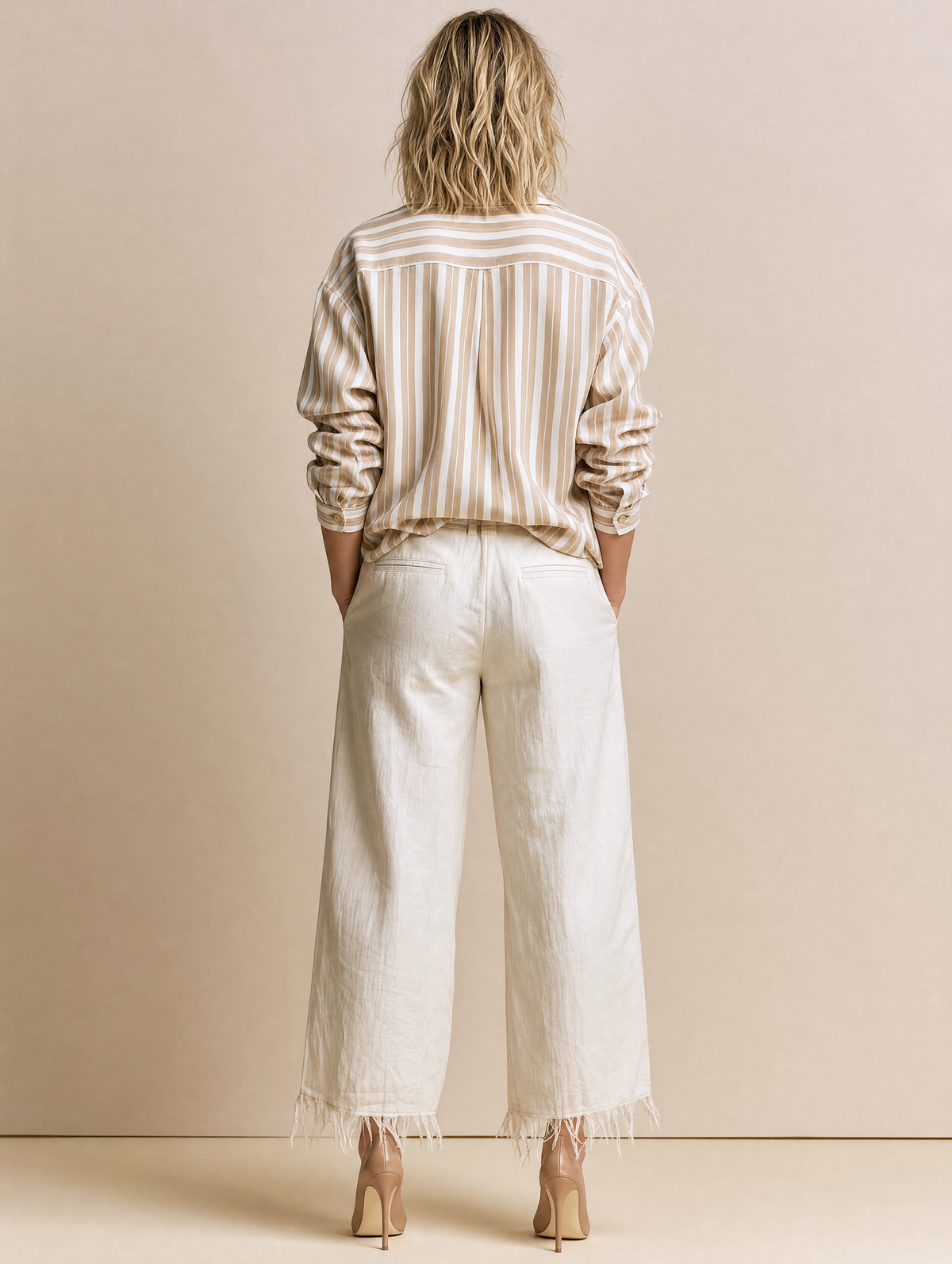 Beige Striped Floral Embroidered Button-Up Shirt