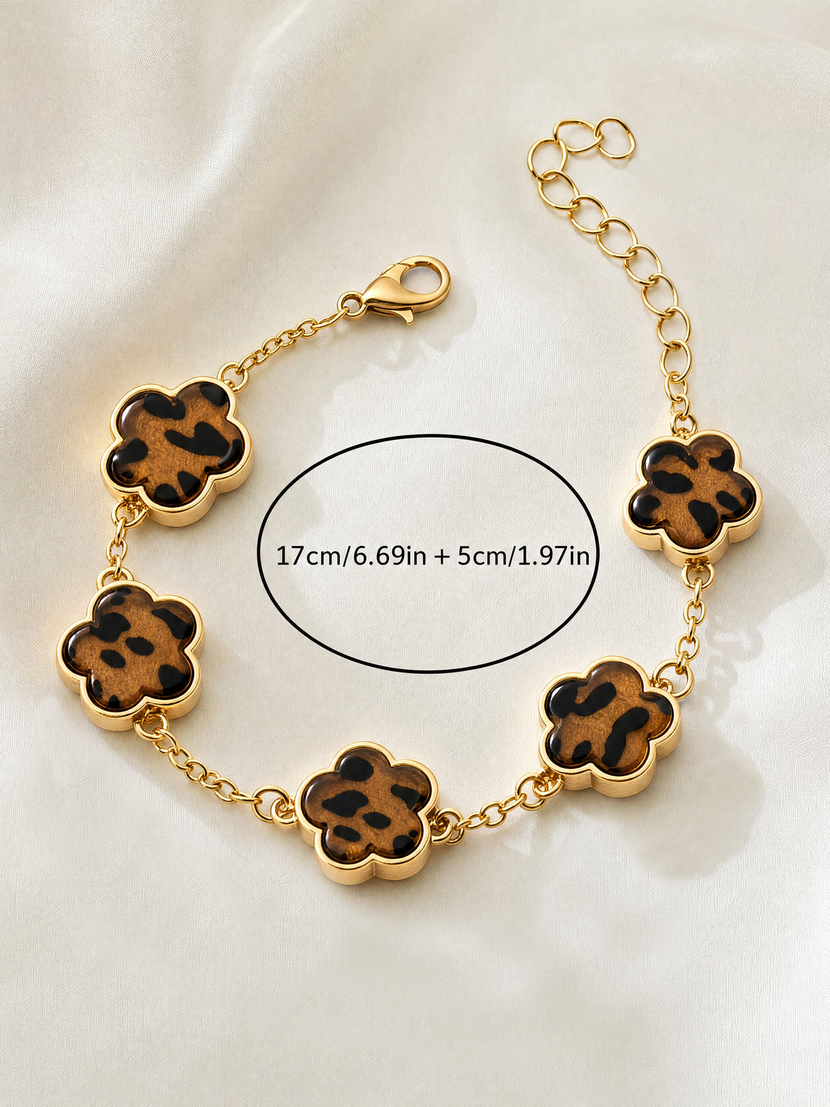 Vintage Clover Link Leopard‑Print Enamel Bracelet