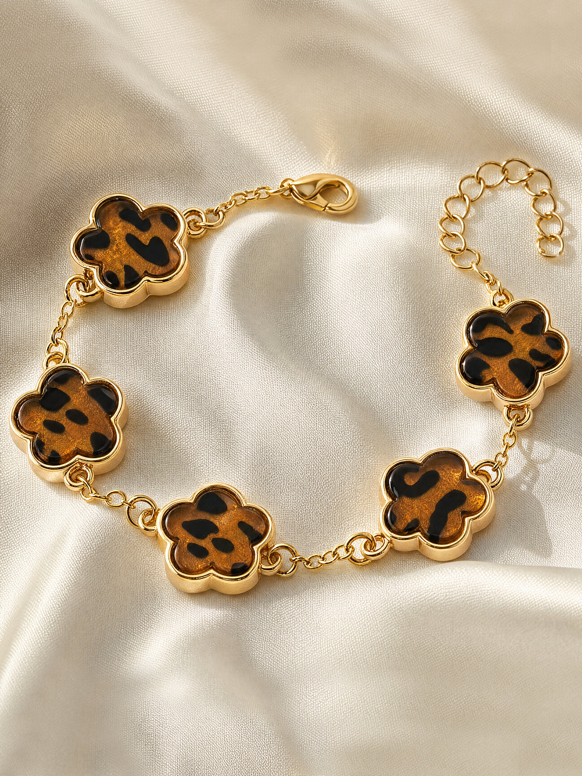 Vintage Clover Link Leopard‑Print Enamel Bracelet