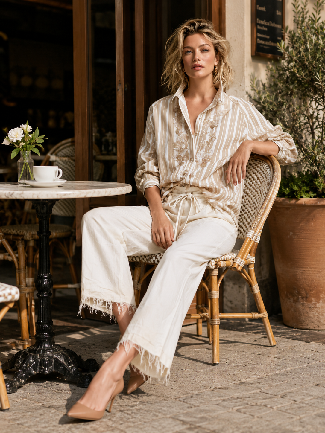 Beige Striped Floral Embroidered Button-Up Shirt