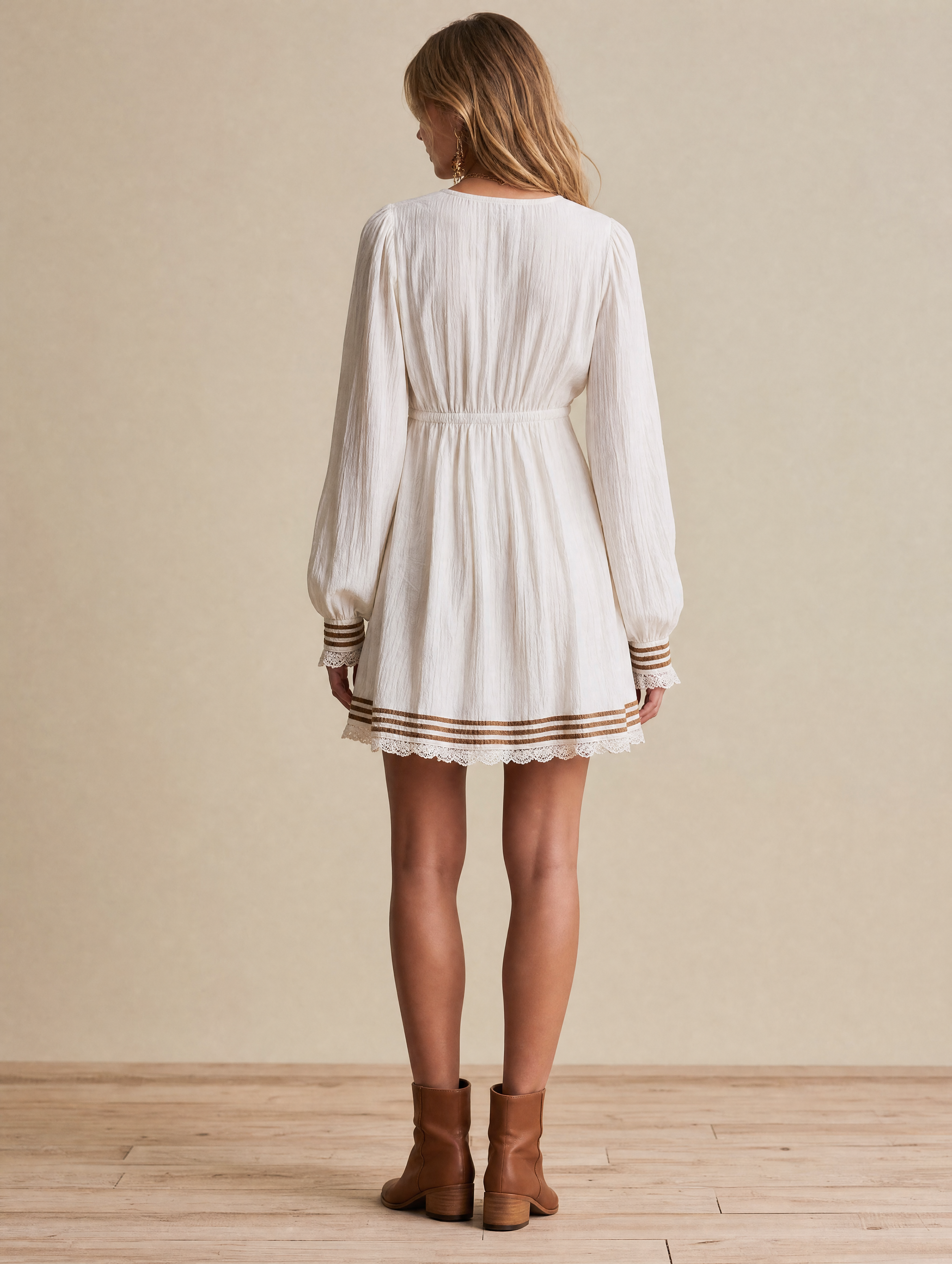Elegant Ivory Brown-Stripe Lace-Trim V-Neck Mini Dress