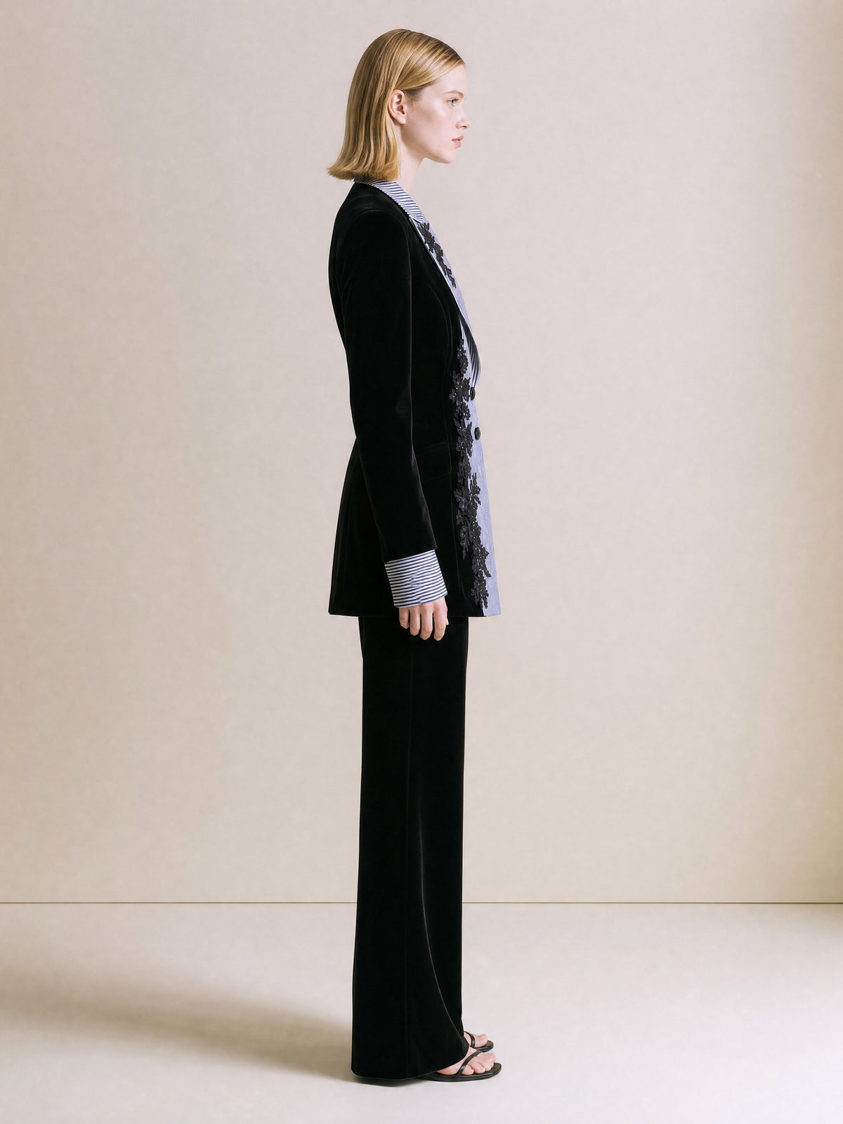 Black Velvet Blazer With Striped Lapel And Lace Trim