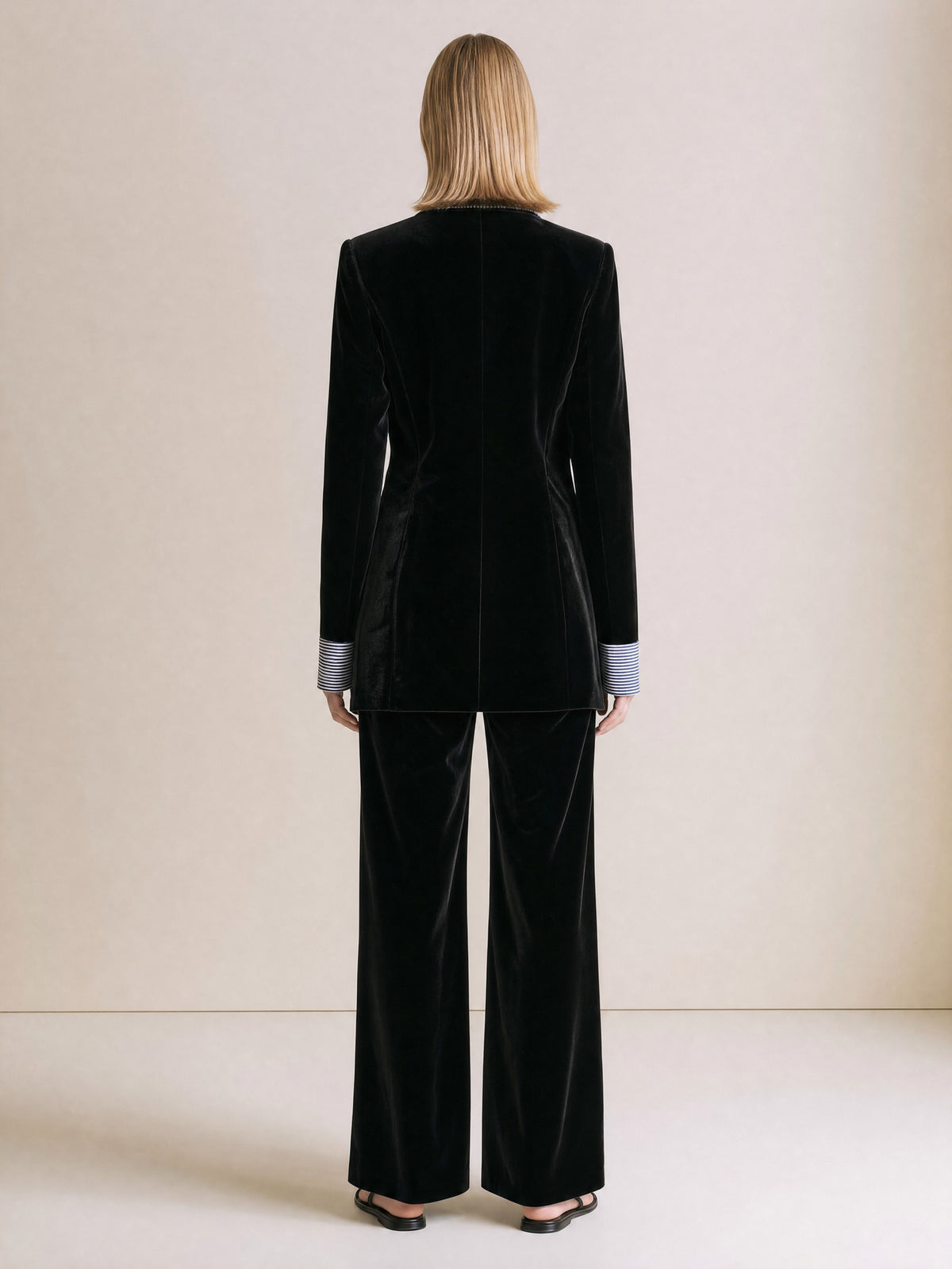 Black Velvet Blazer With Striped Lapel And Lace Trim