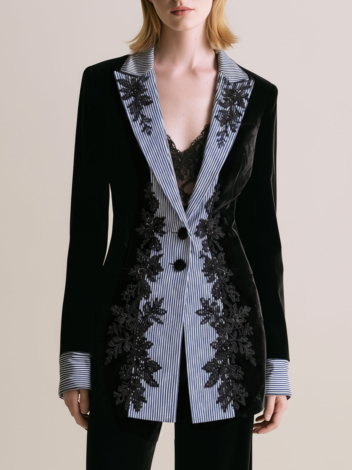 Black Velvet Blazer With Striped Lapel And Lace Trim