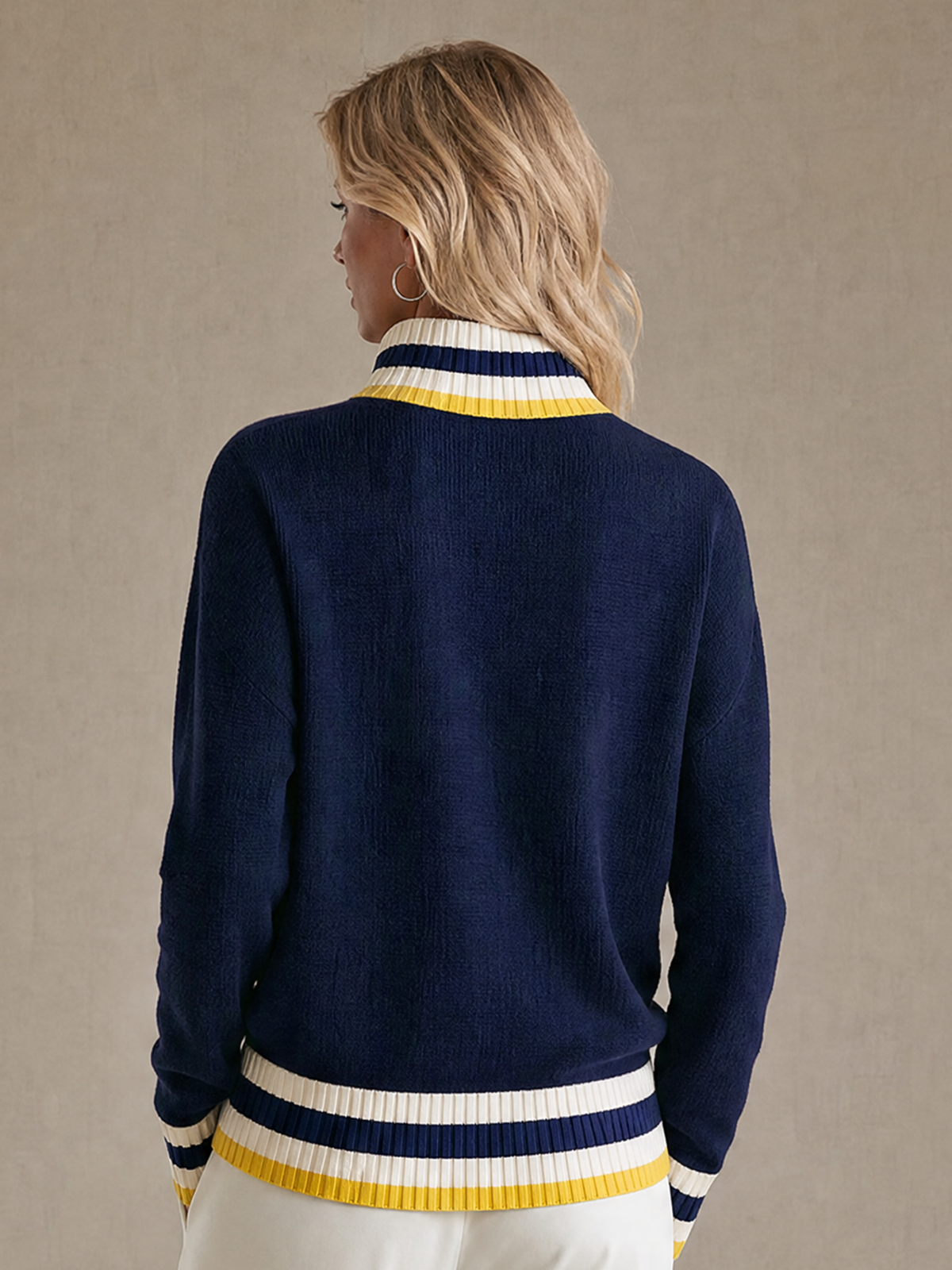 Elegant Navy Yellow-Stripe Contrast Half-Zip Sweater