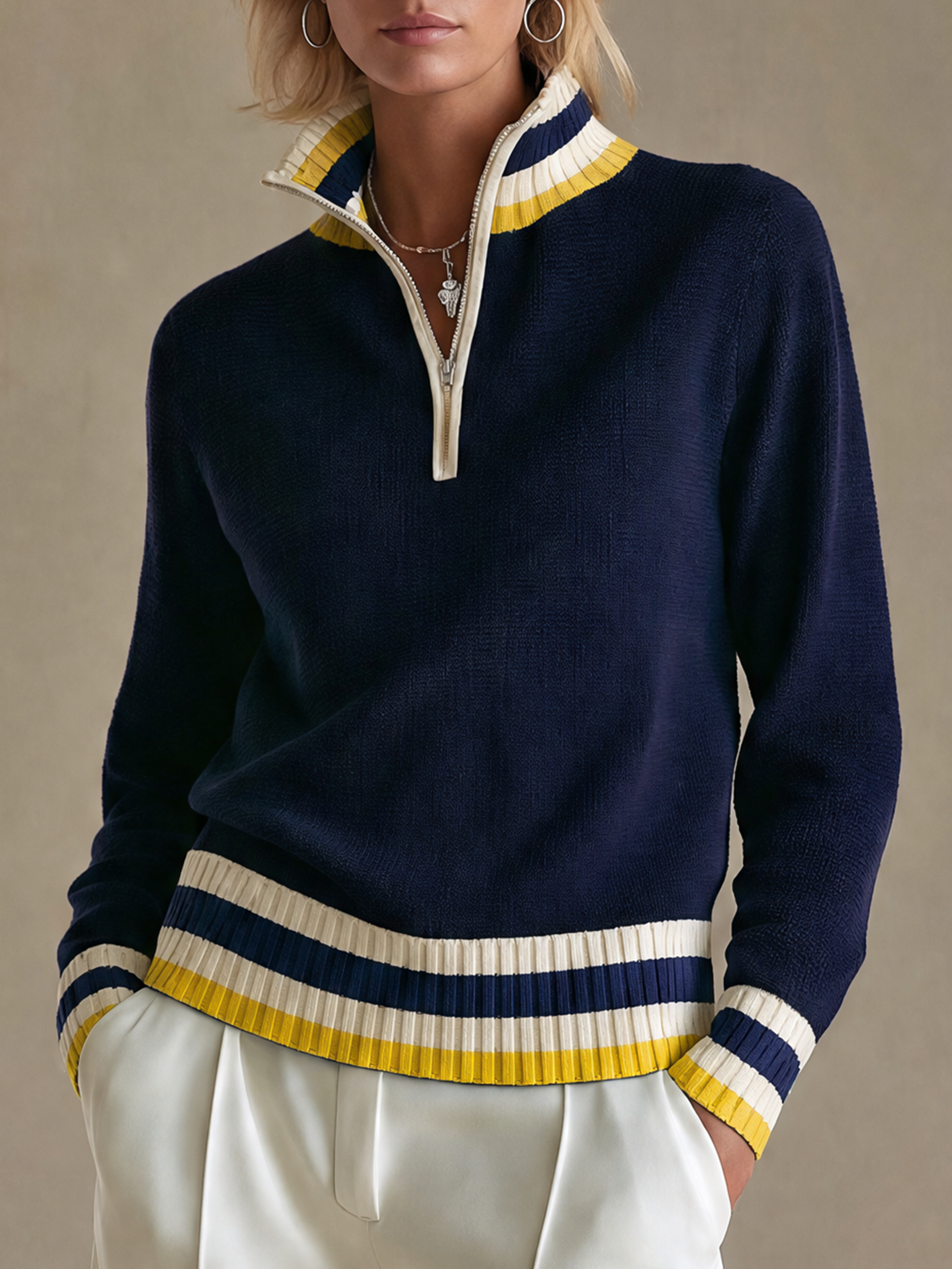 Elegant Navy Yellow-Stripe Contrast Half-Zip Sweater