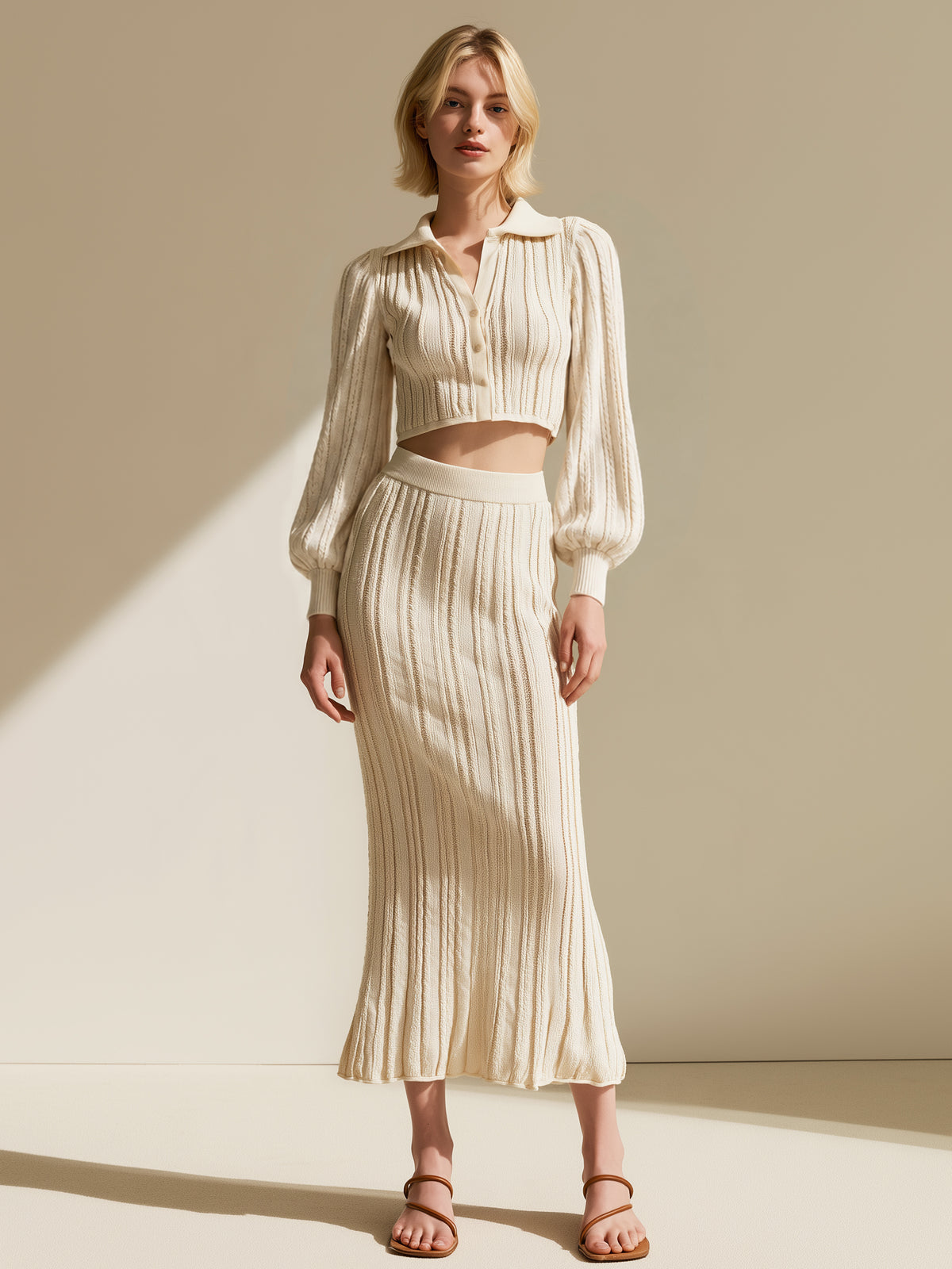 Ivory Cable-Knit Cropped Cardigan And Mermaid Maxi Skirt Set