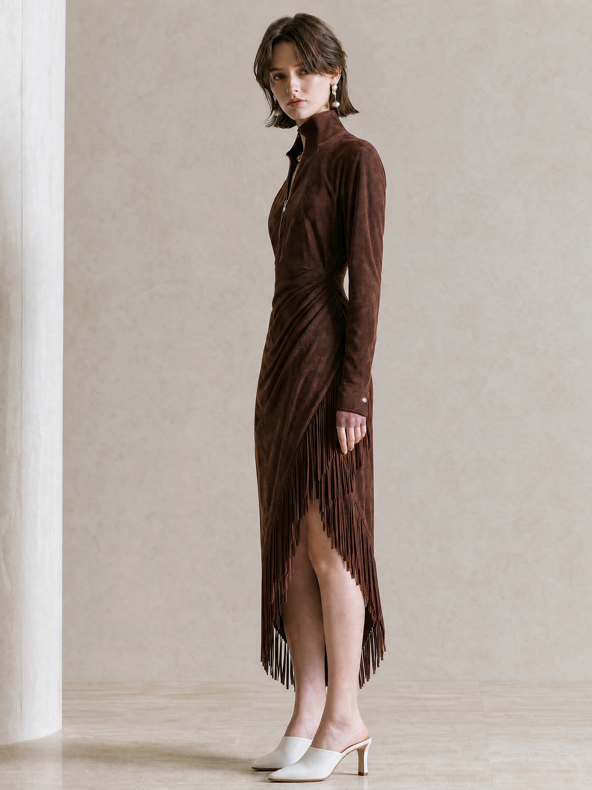 Elegant Chocolate Brown Suede Fringe Midi Dress