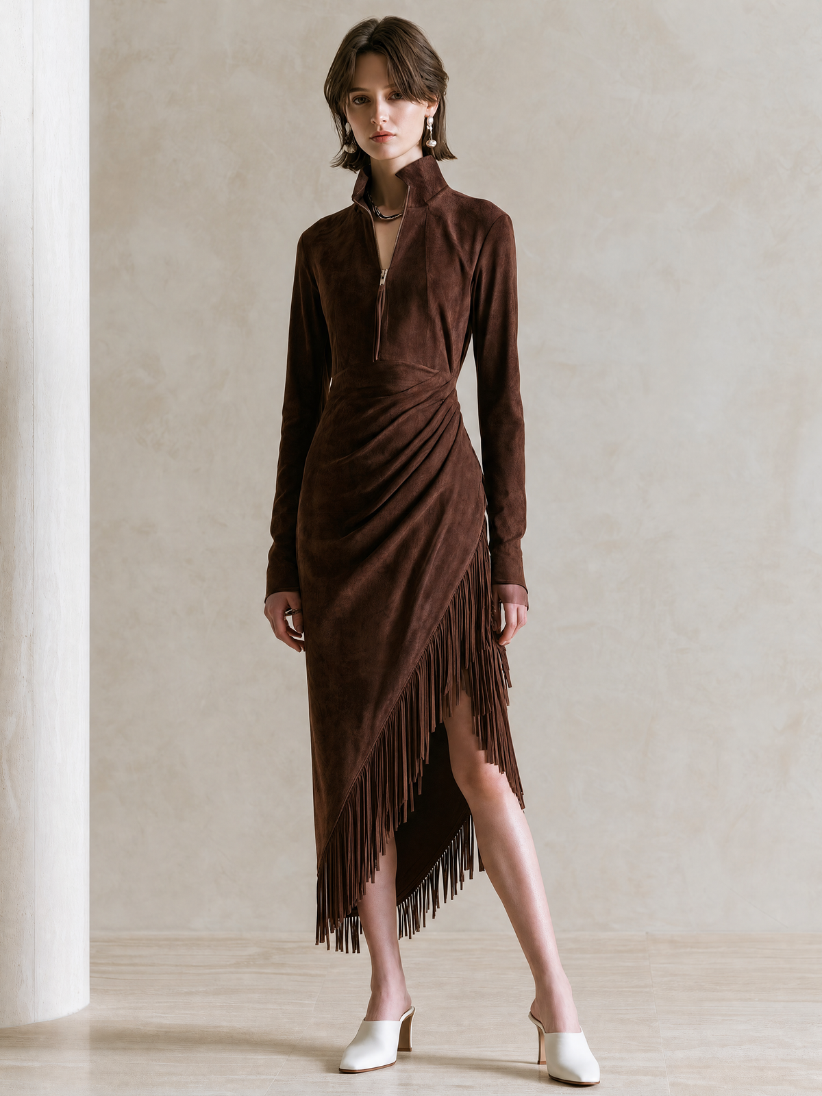 Elegant Chocolate Brown Suede Fringe Midi Dress