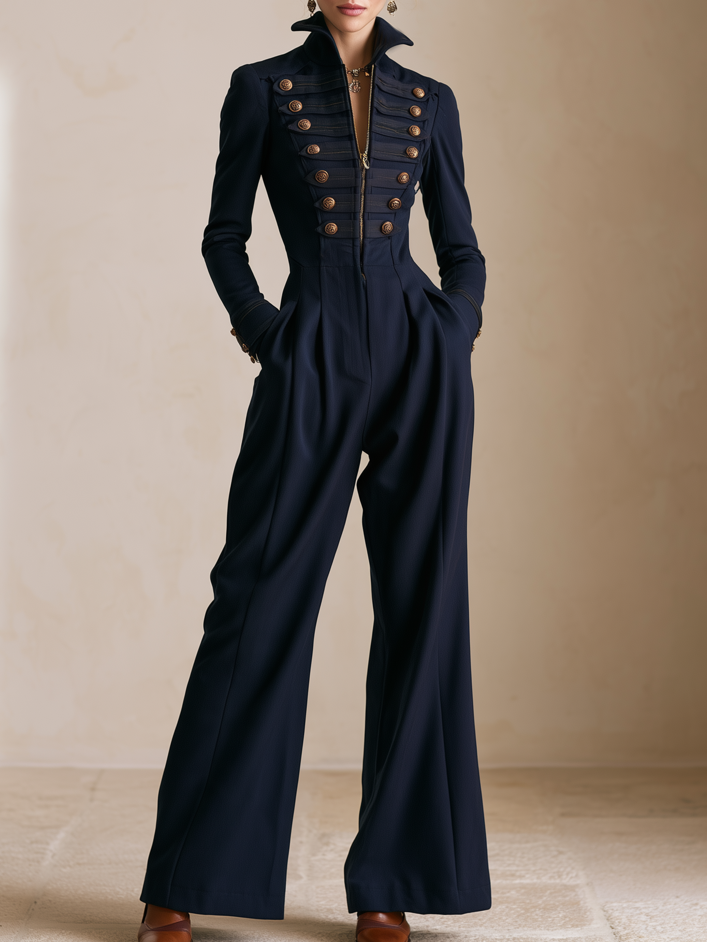 Elegant Navy Double-Breasted Metal Button Jumpsuit