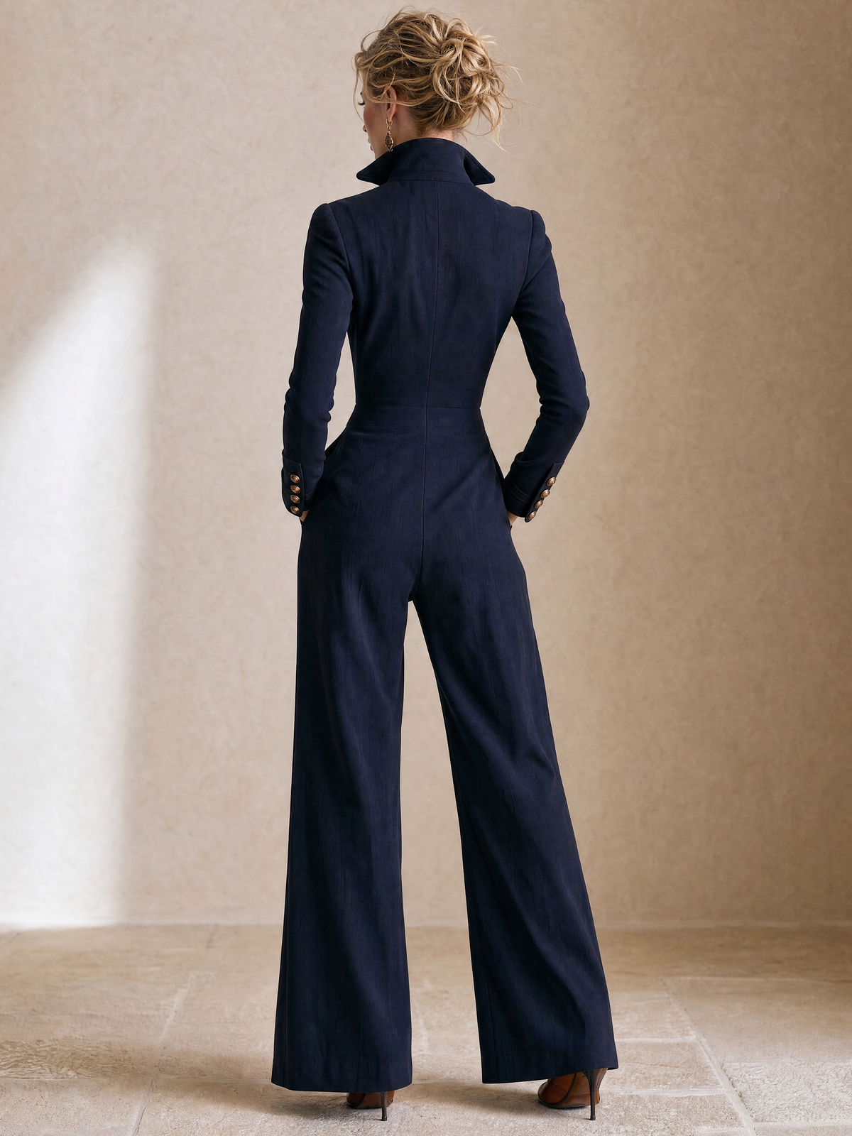 Elegant Navy Double-Breasted Metal Button Jumpsuit