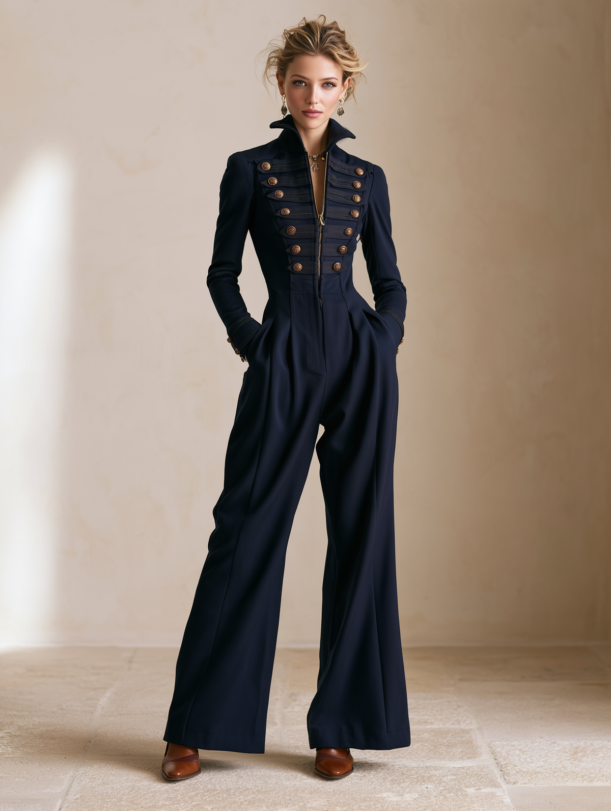 Elegant Navy Double-Breasted Metal Button Jumpsuit