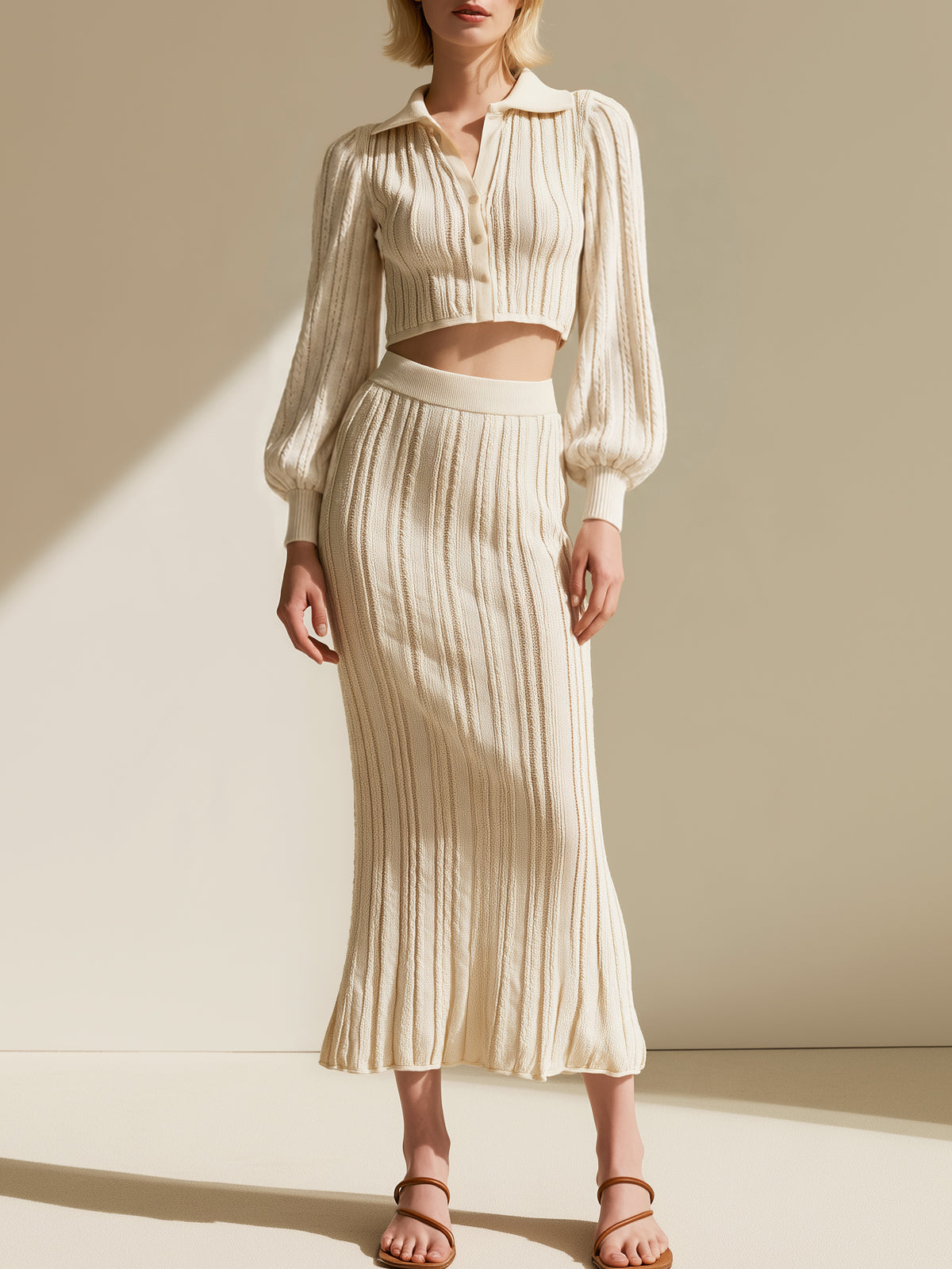 Ivory Cable-Knit Cropped Cardigan And Mermaid Maxi Skirt Set