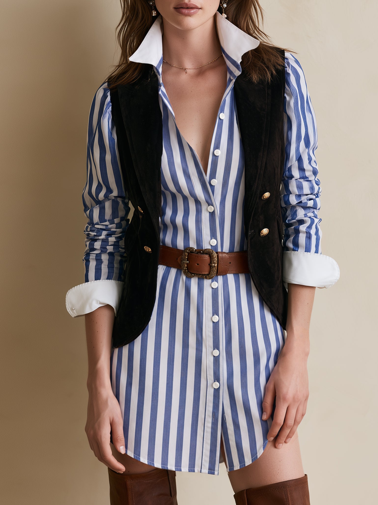 Blue And White Shirt-style Mini Skirt And Black Suede Vest Set