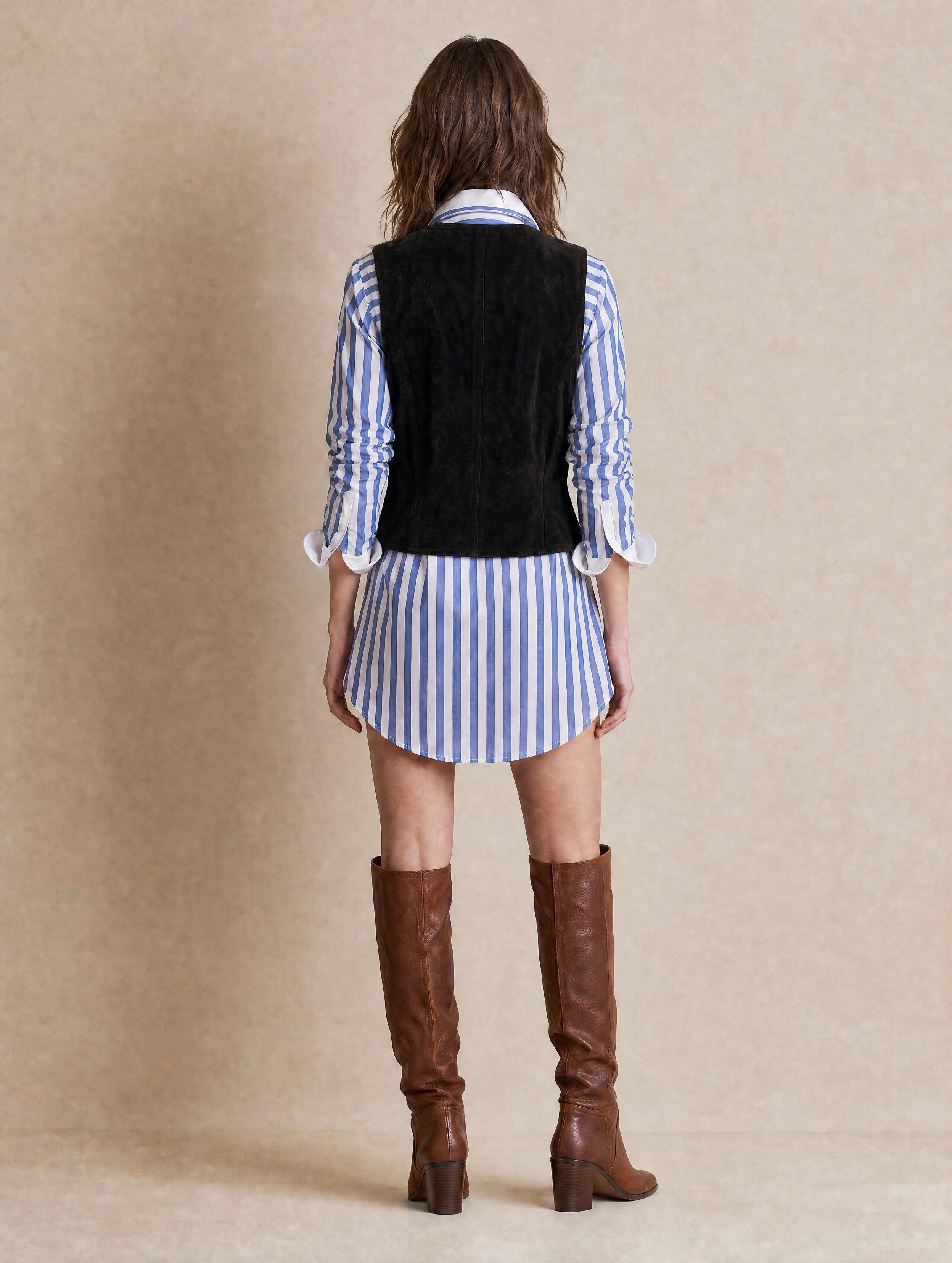 Blue And White Shirt-style Mini Skirt And Black Suede Vest Set
