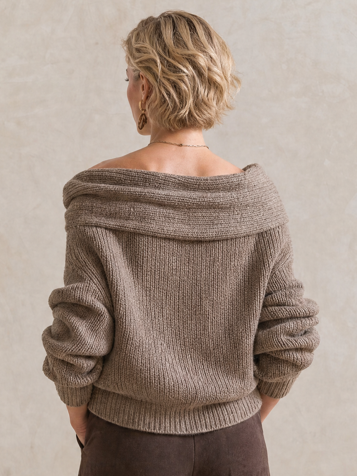 Elegant Taupe Off-Shoulder Foldover Knit Sweater