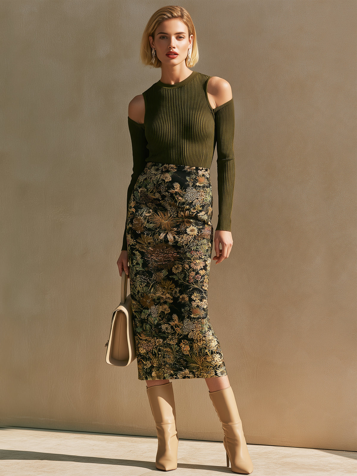 Cold‑Shoulder Knit Top & Floral Midi Skirt Set