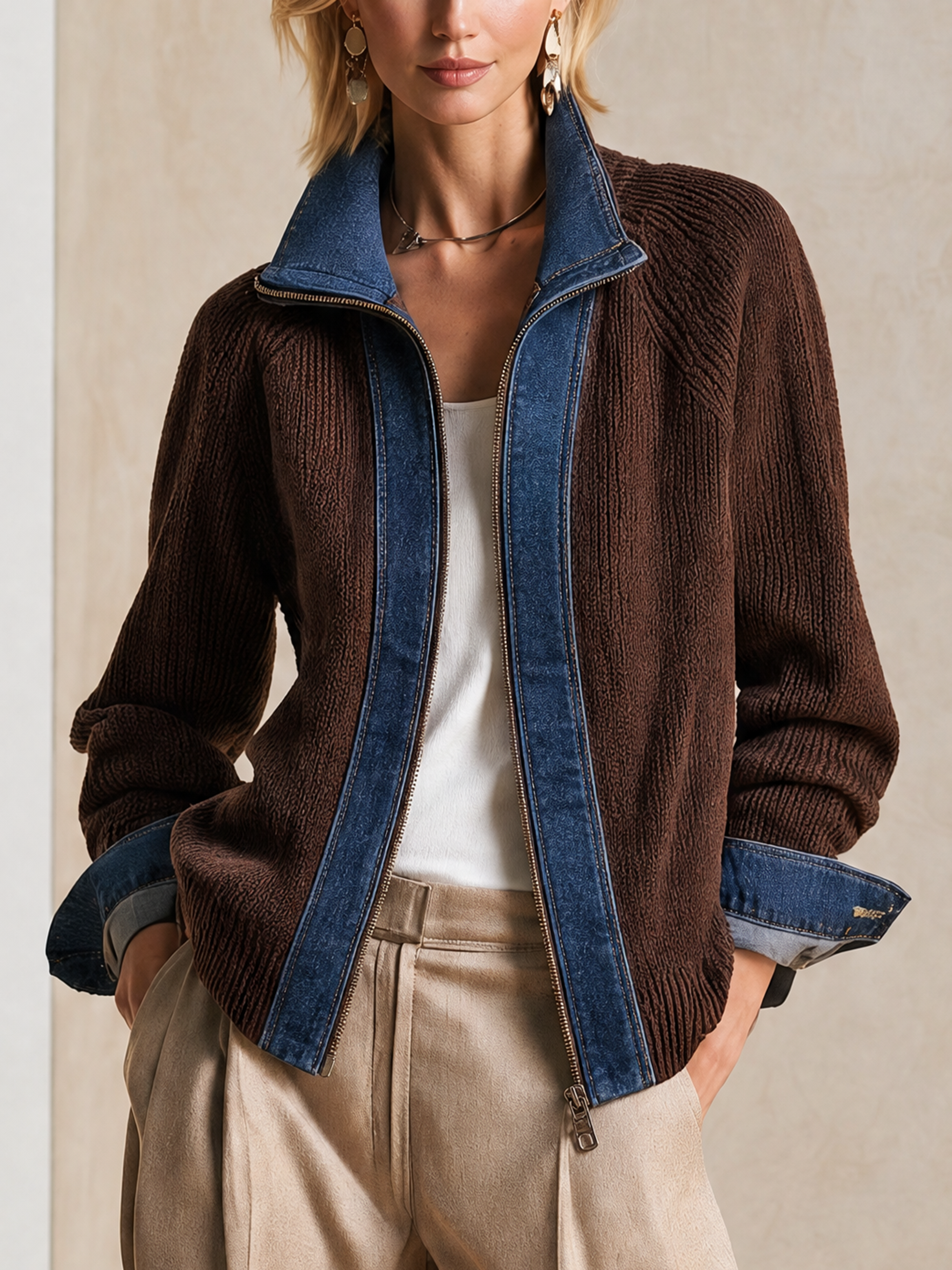 Elegant Dark Brown Denim-Trim Knit Cardigan