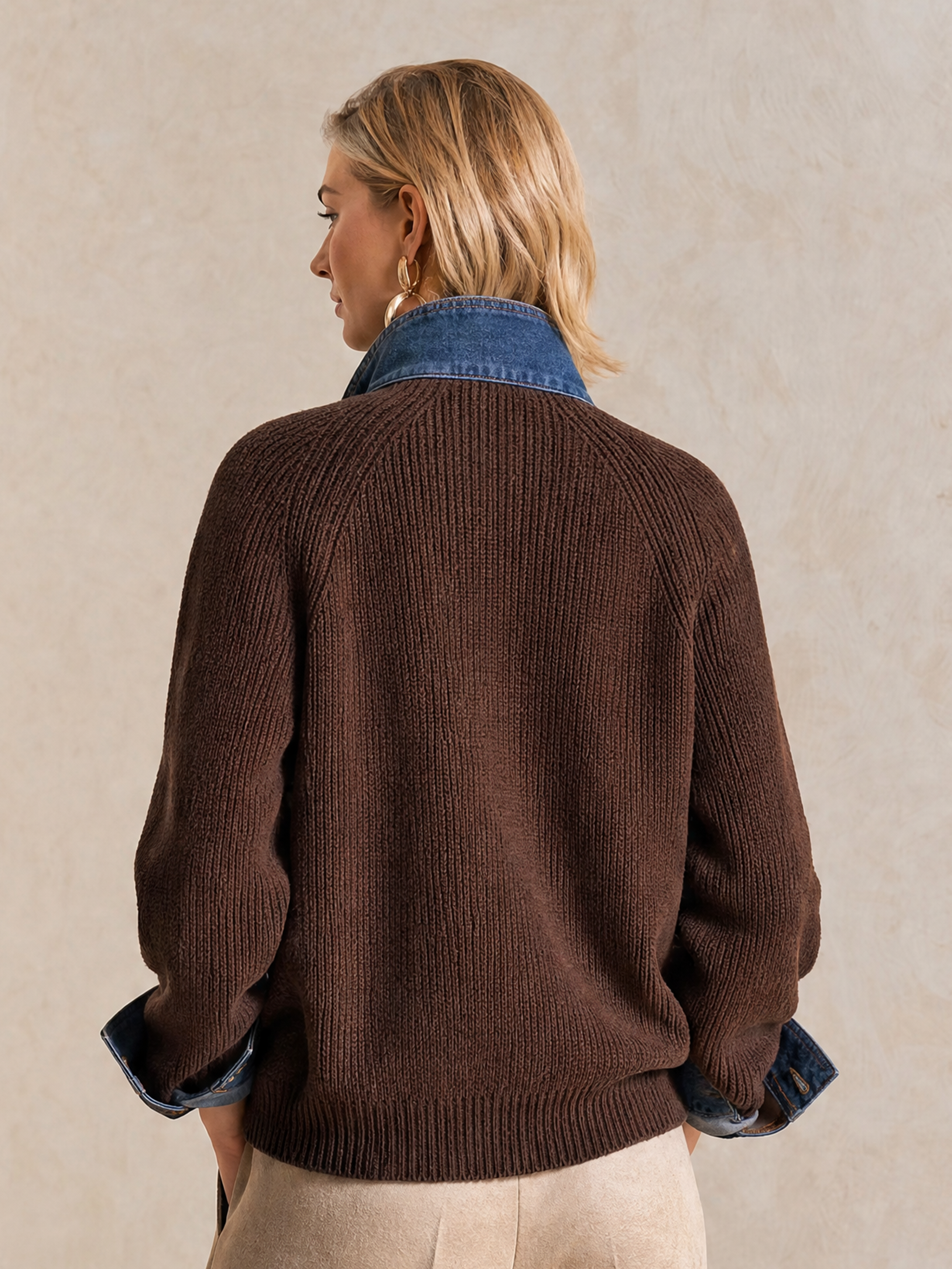 Elegant Dark Brown Denim-Trim Knit Cardigan