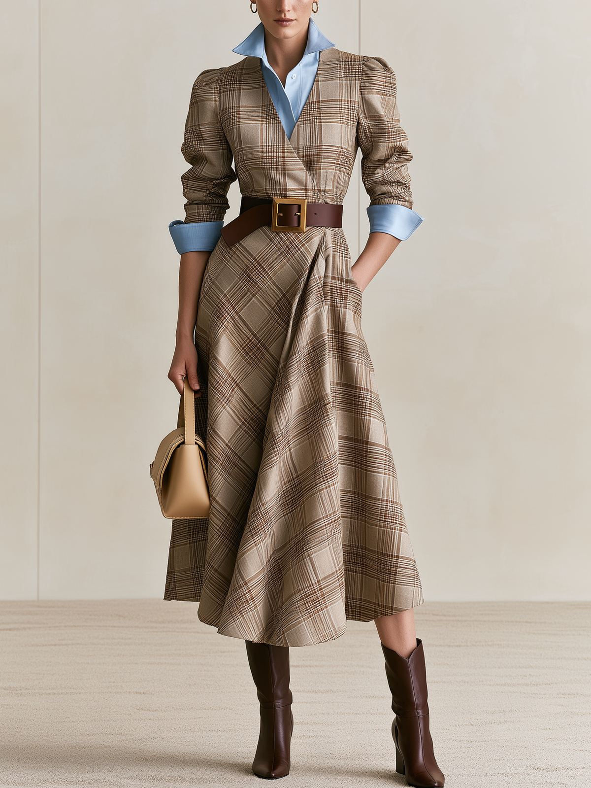 Plaid Faux Two‑Piece A‑Line Midi Dress