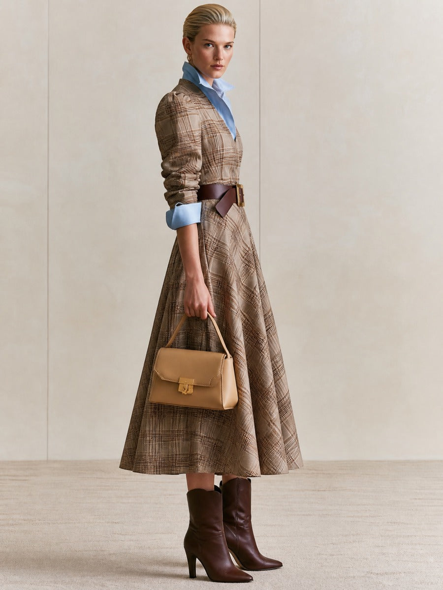 Plaid Faux Two‑Piece A‑Line Midi Dress
