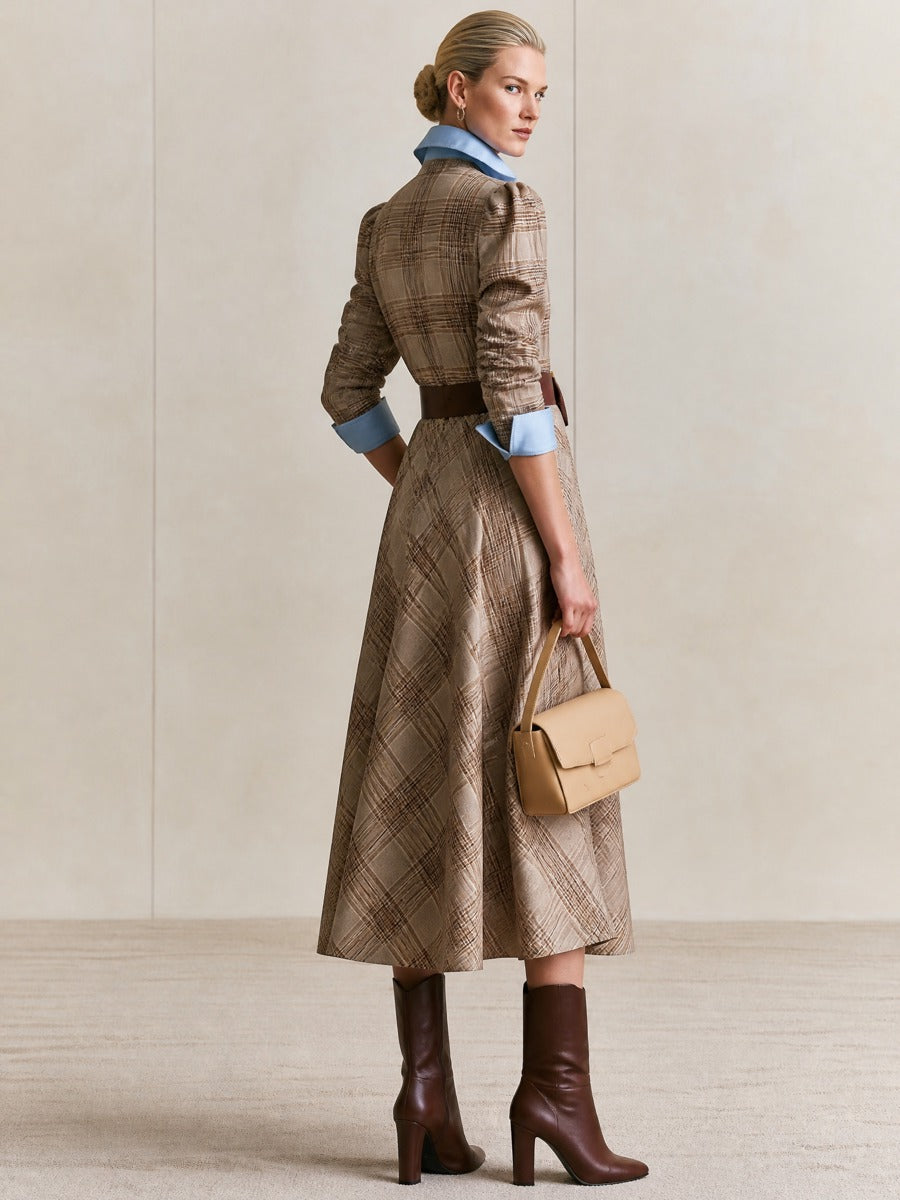 Plaid Faux Two‑Piece A‑Line Midi Dress