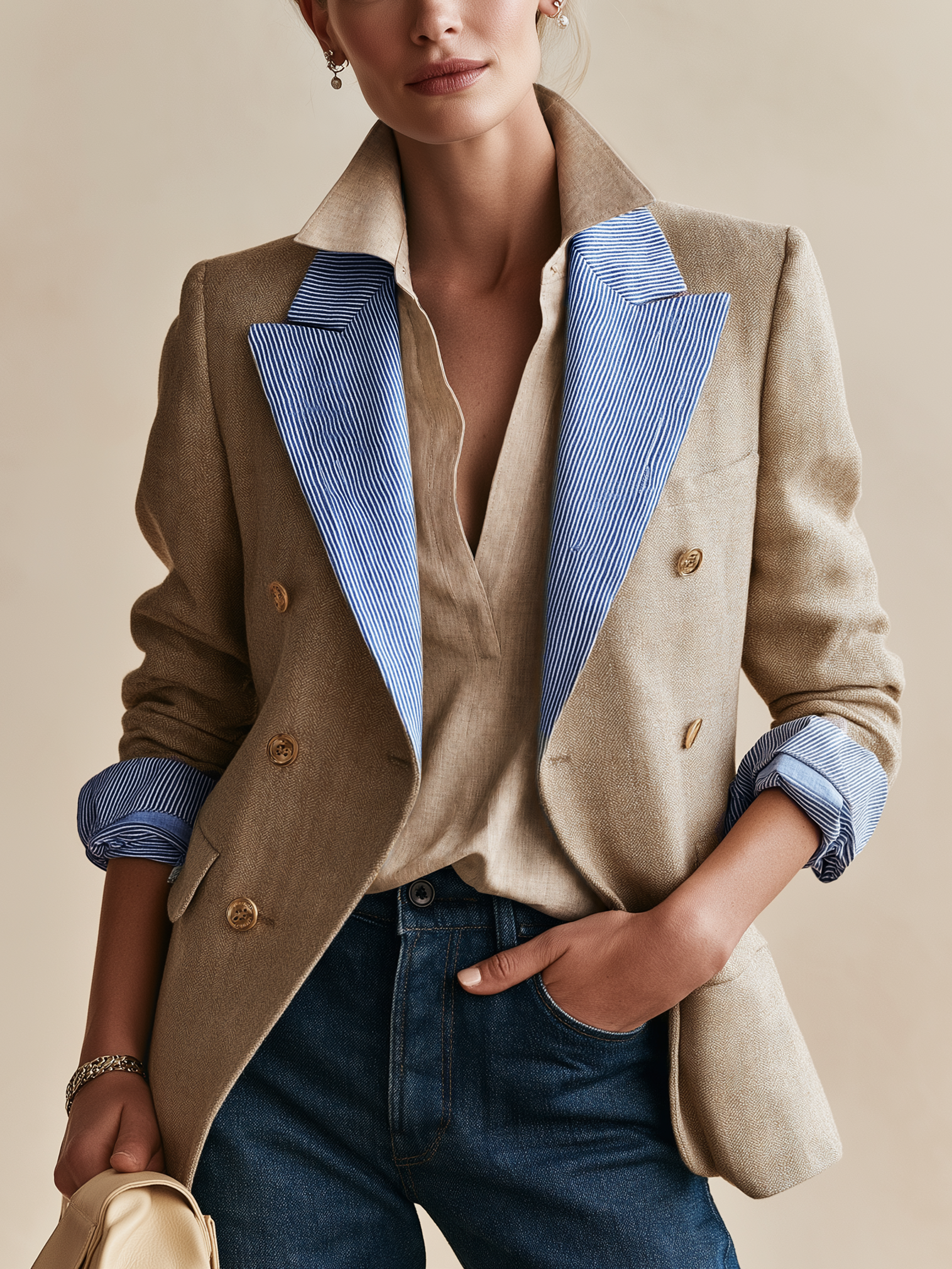 Contrast Stripe Lapel Linen‑Textured Double‑Breasted Blazer