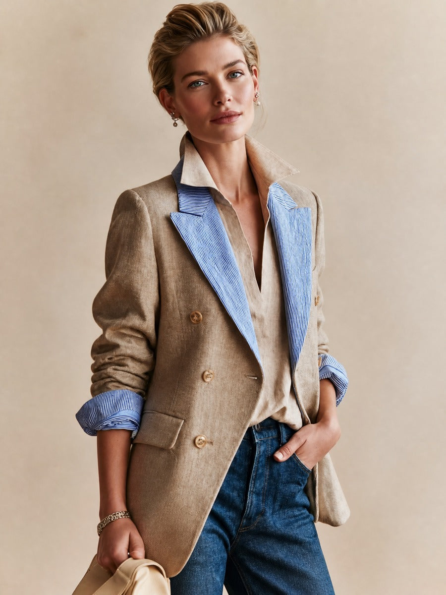 Contrast Stripe Lapel Linen‑Textured Double‑Breasted Blazer