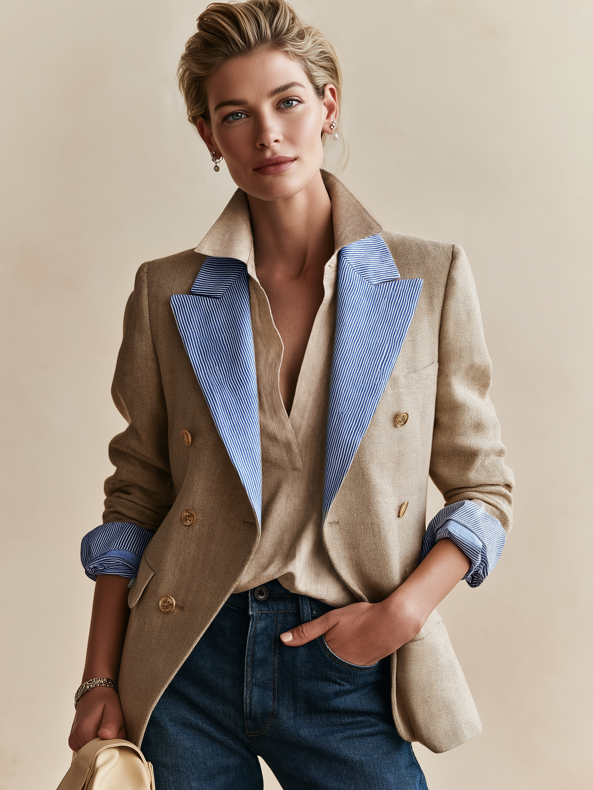 Contrast Stripe Lapel Linen‑Textured Double‑Breasted Blazer