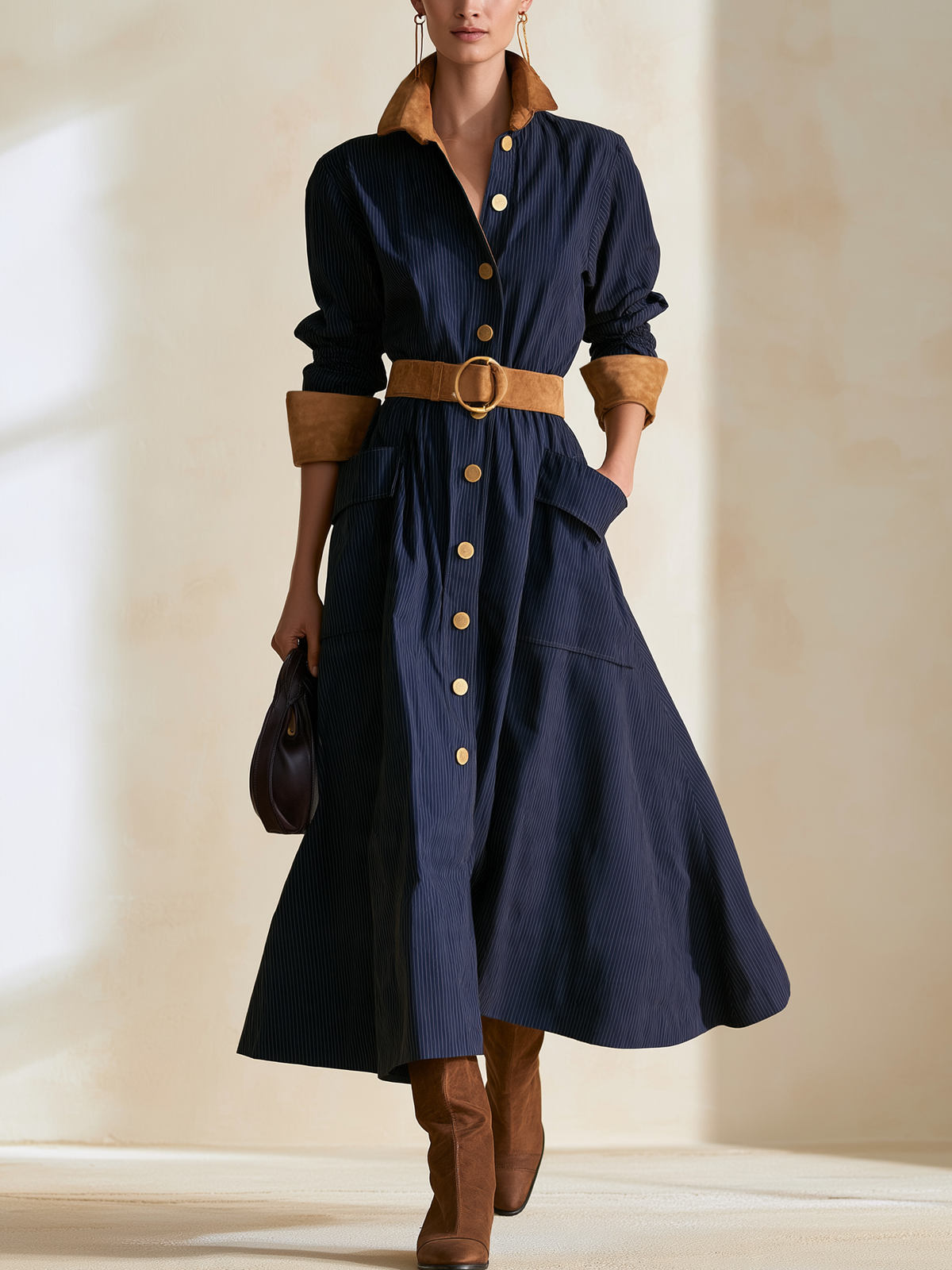 Navy Pinstripe Contrast Collar Belted Shirt Midi Dress