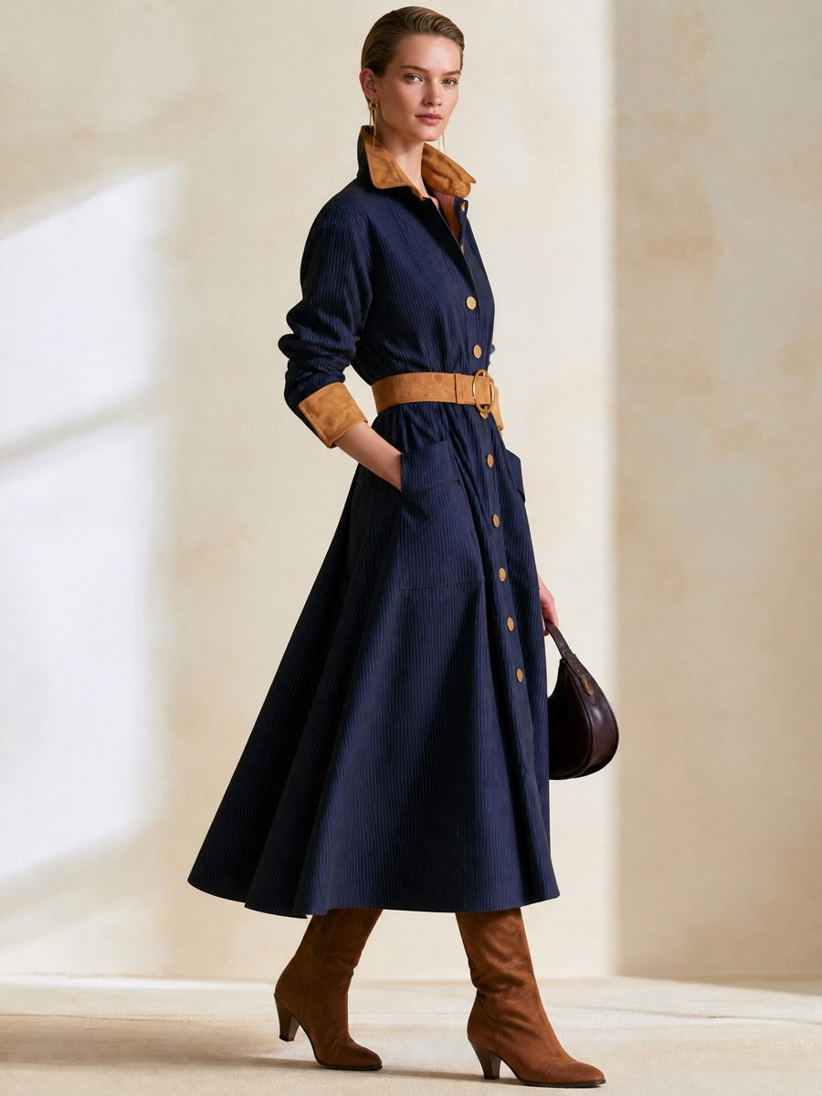 Navy Pinstripe Contrast Collar Belted Shirt Midi Dress
