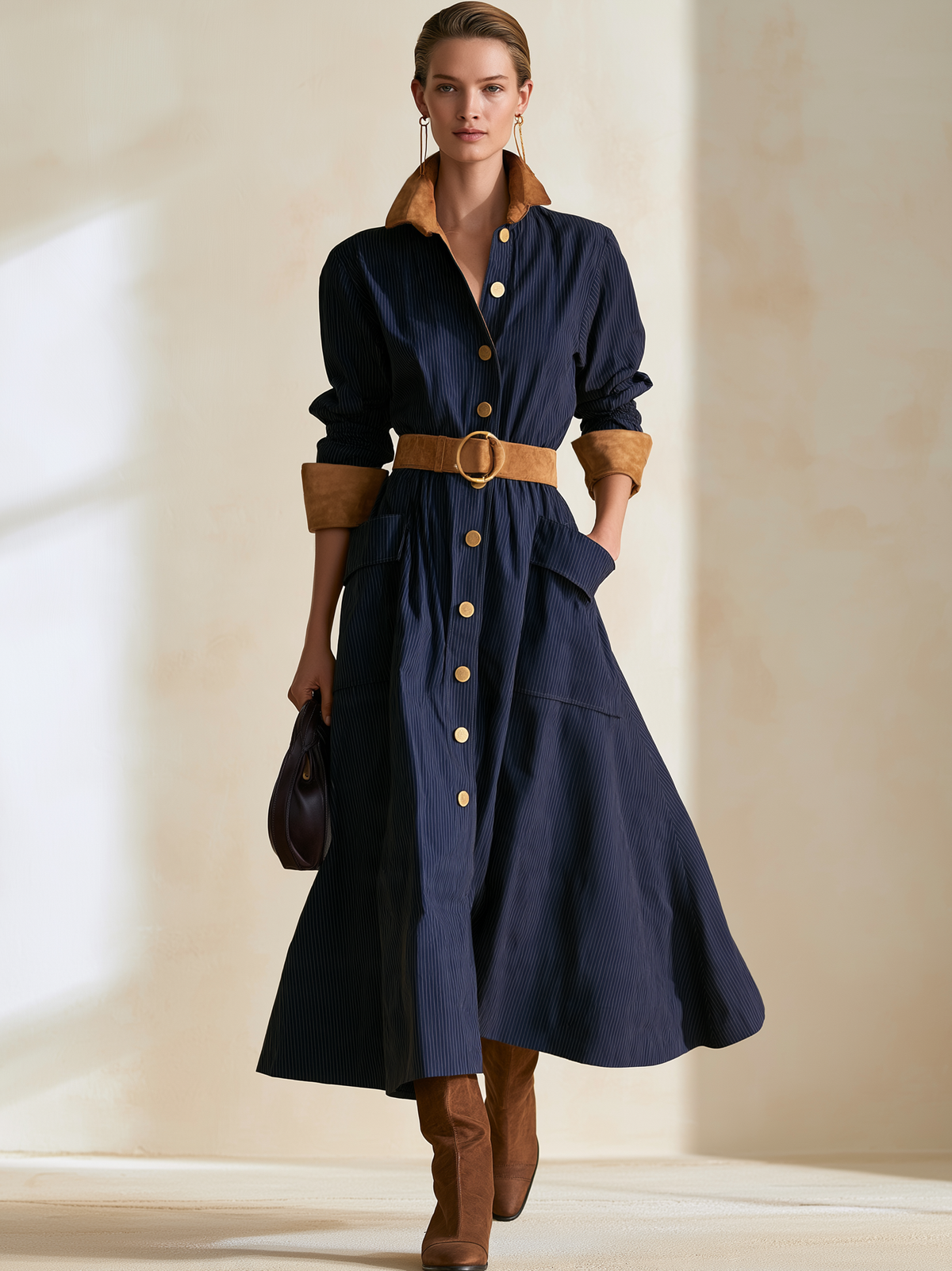 Navy Pinstripe Contrast Collar Belted Shirt Midi Dress
