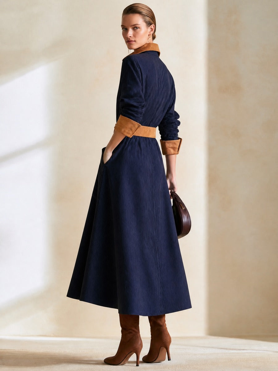 Navy Pinstripe Contrast Collar Belted Shirt Midi Dress