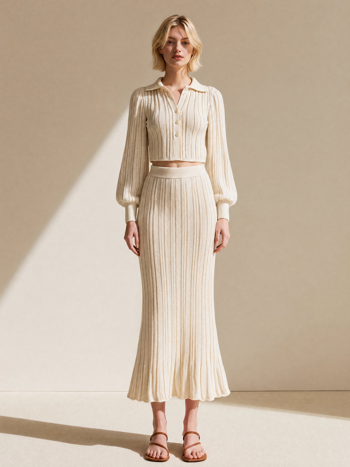 Ivory Collared Puff Sleeve Knit Crop Cardigan With Button Front