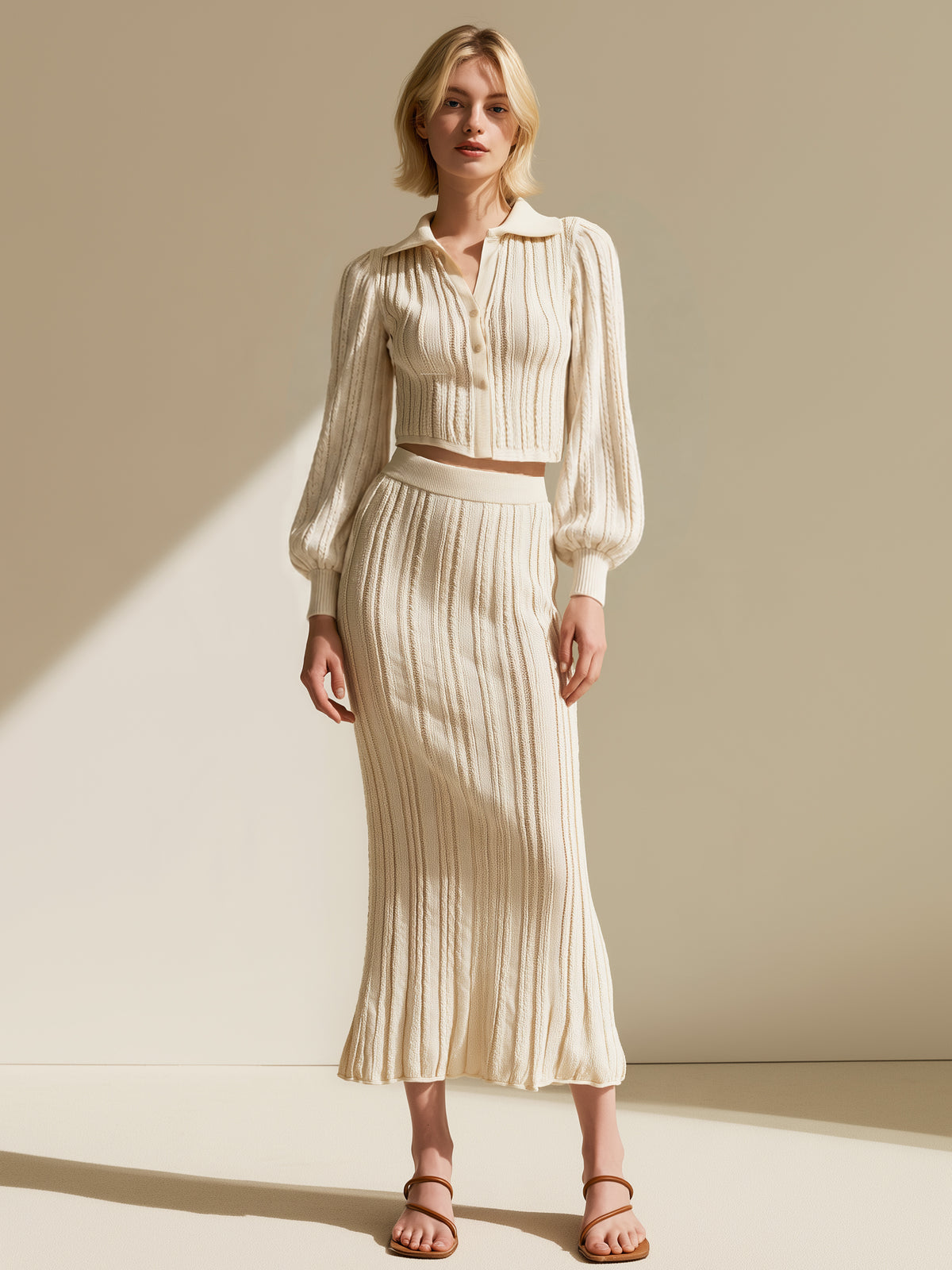 Ivory Collared Puff Sleeve Knit Crop Cardigan With Button Front