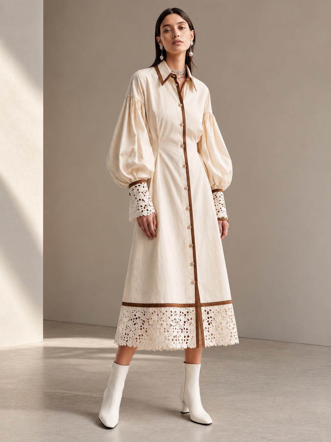 Elegant Ivory Brown-Trim Lace Shirt Dress