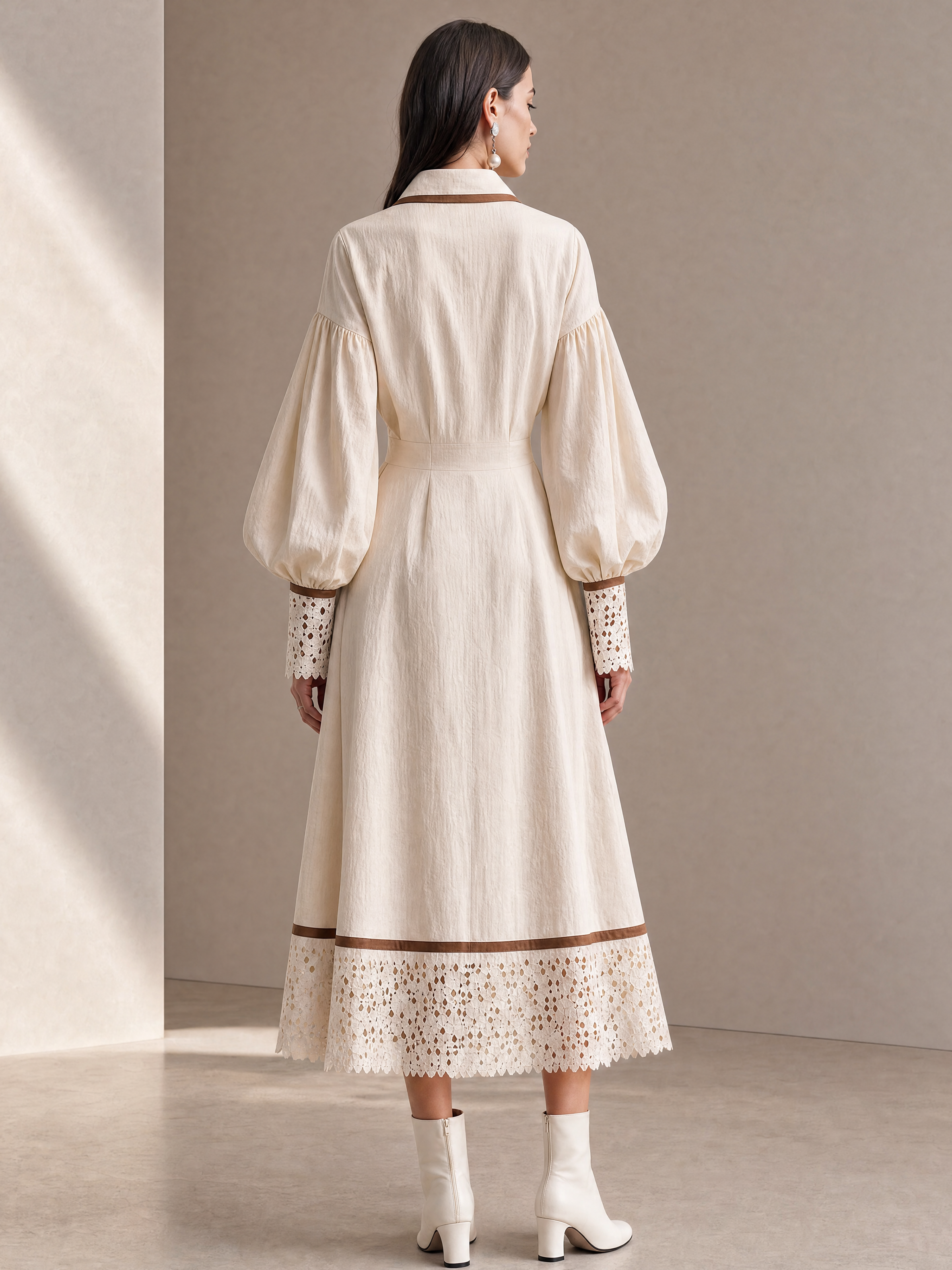 Elegant Ivory Brown-Trim Lace Shirt Dress