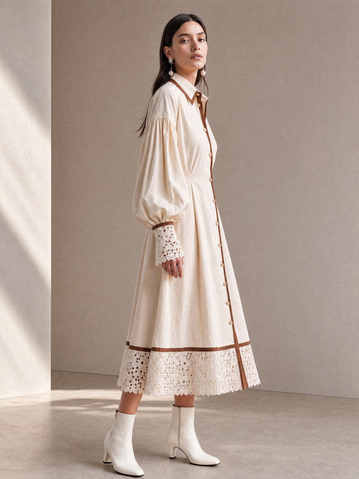 Elegant Ivory Brown-Trim Lace Shirt Dress