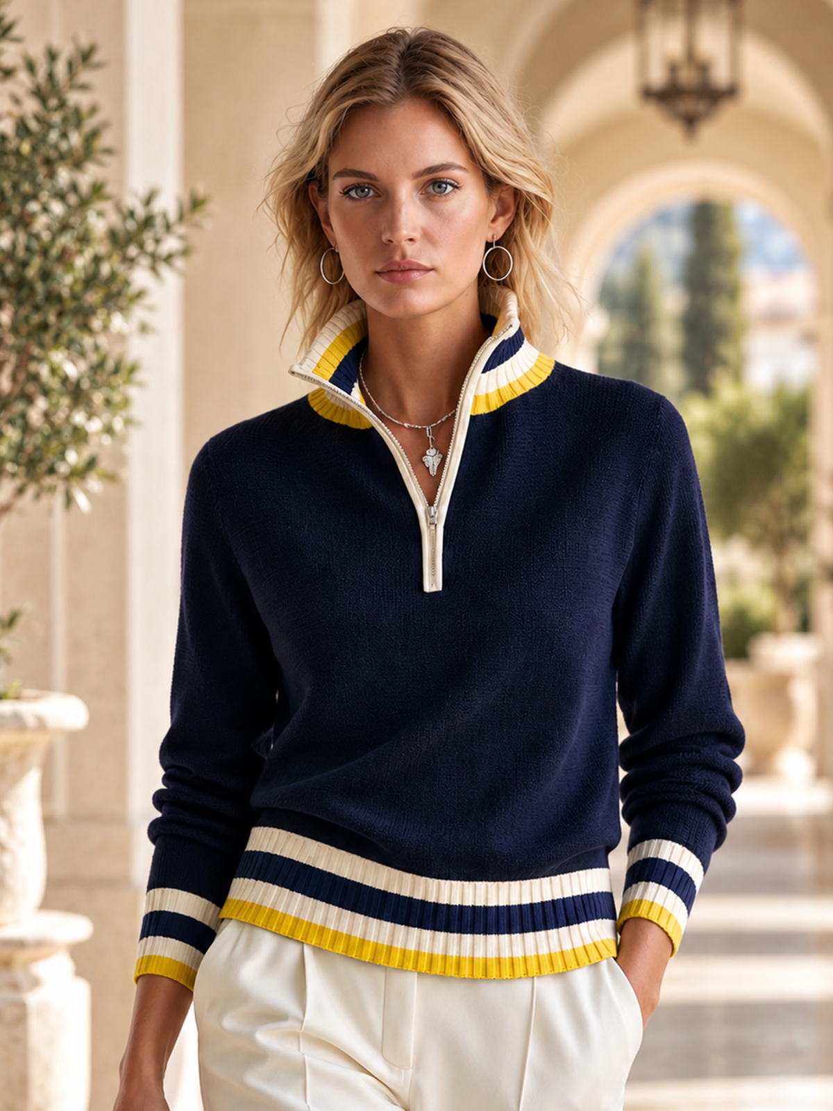 Elegant Navy Yellow-Stripe Contrast Half-Zip Sweater