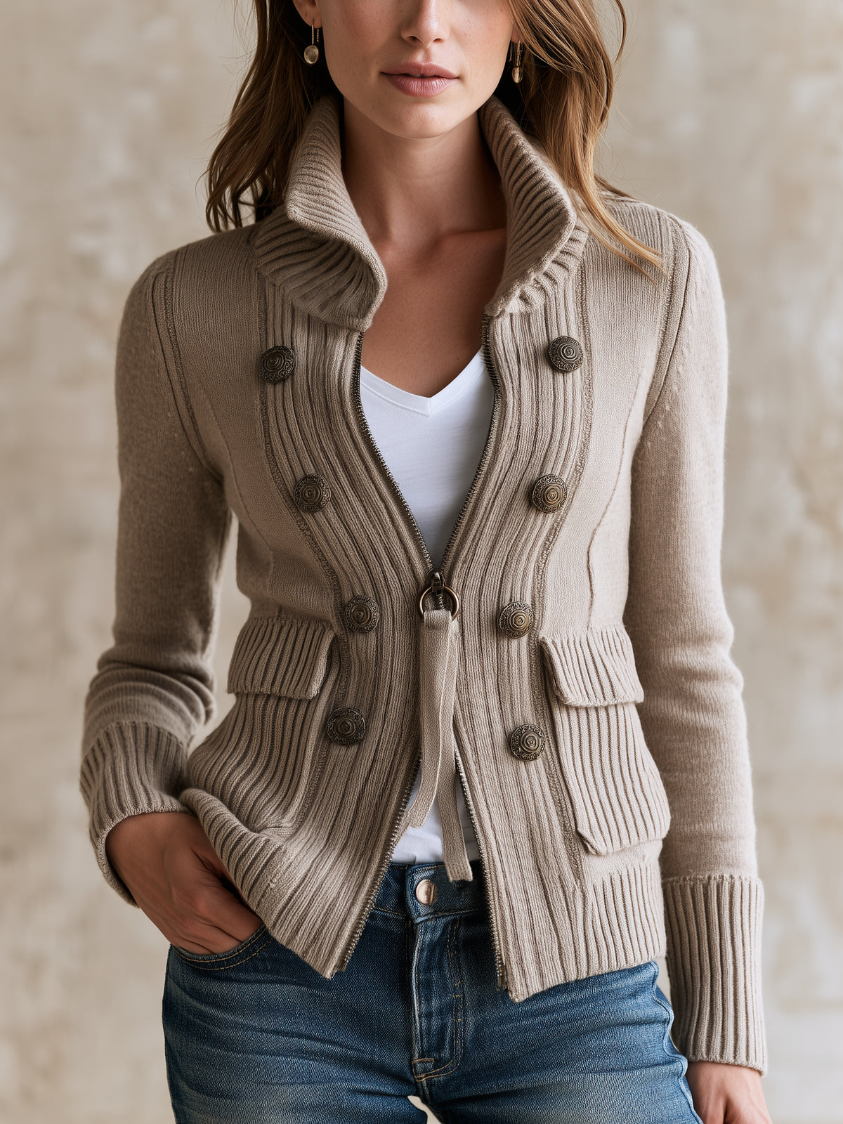 Ribbed Knit Zip‑Up Military Jacket Outerwear