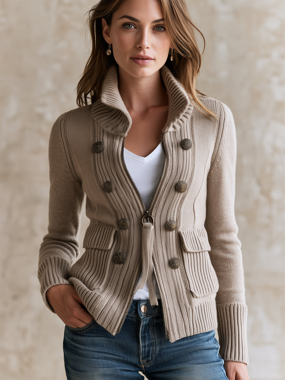 Ribbed Knit Zip‑Up Military Jacket Outerwear