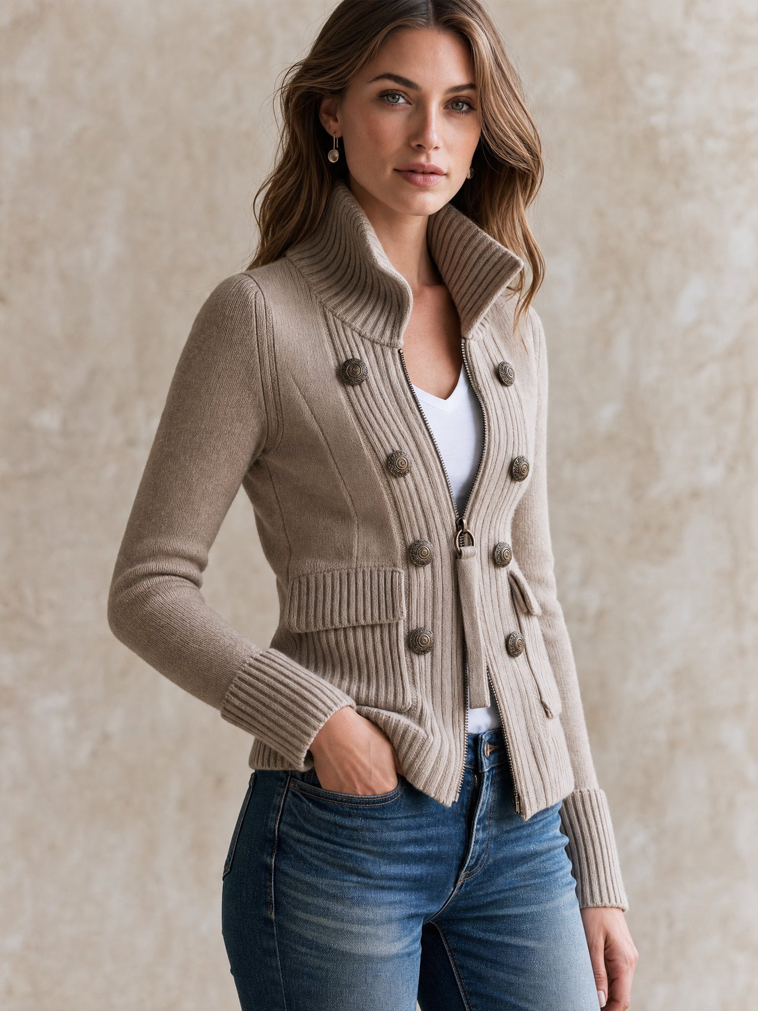 Ribbed Knit Zip‑Up Military Jacket Outerwear