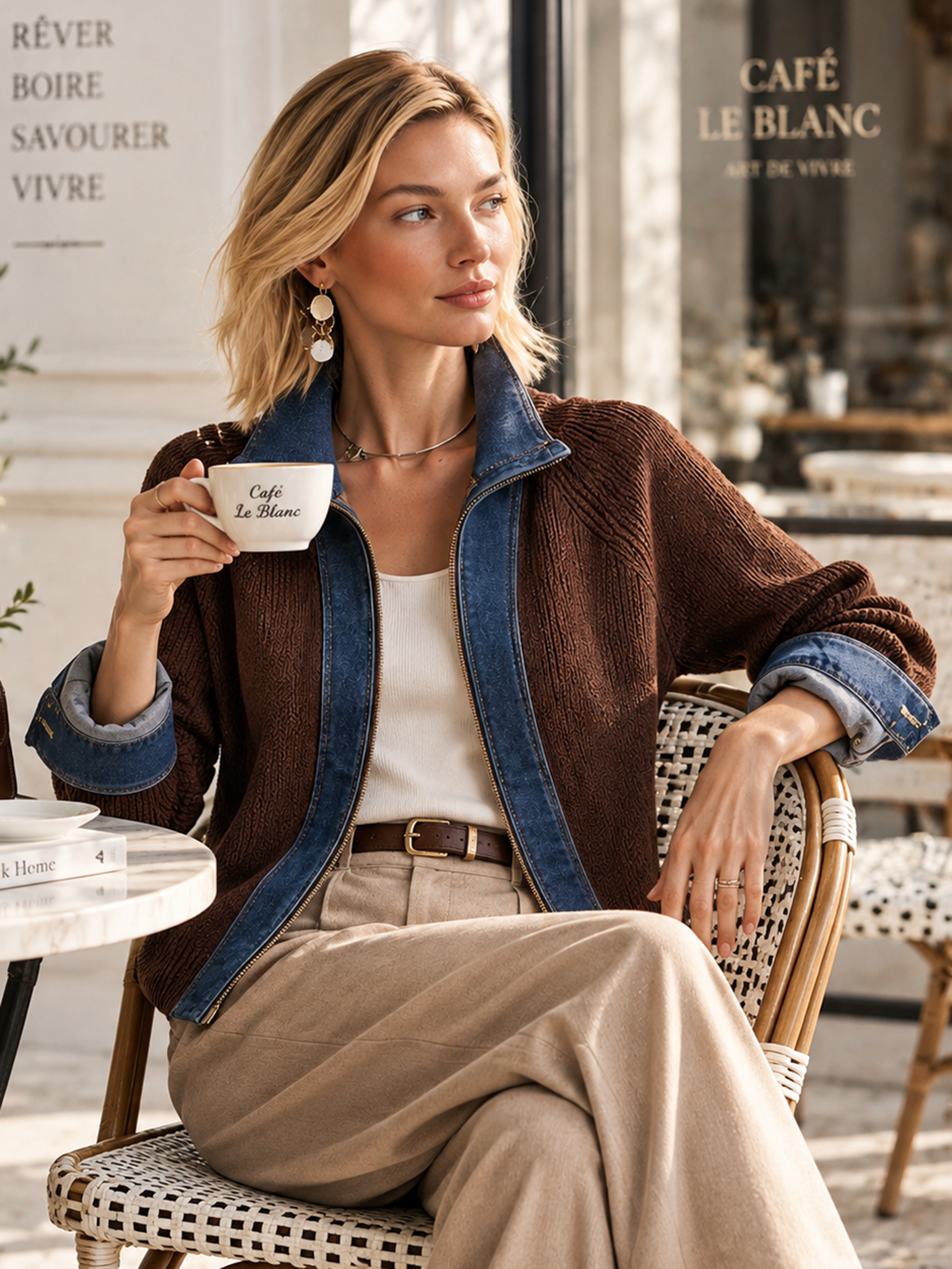 Elegant Dark Brown Denim-Trim Knit Cardigan