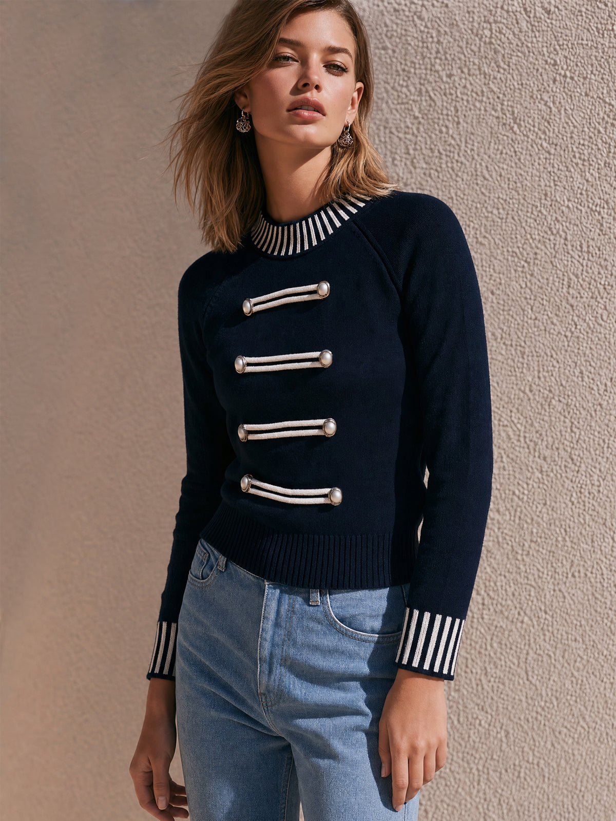 Military Style Pearl Button Knit Sweater