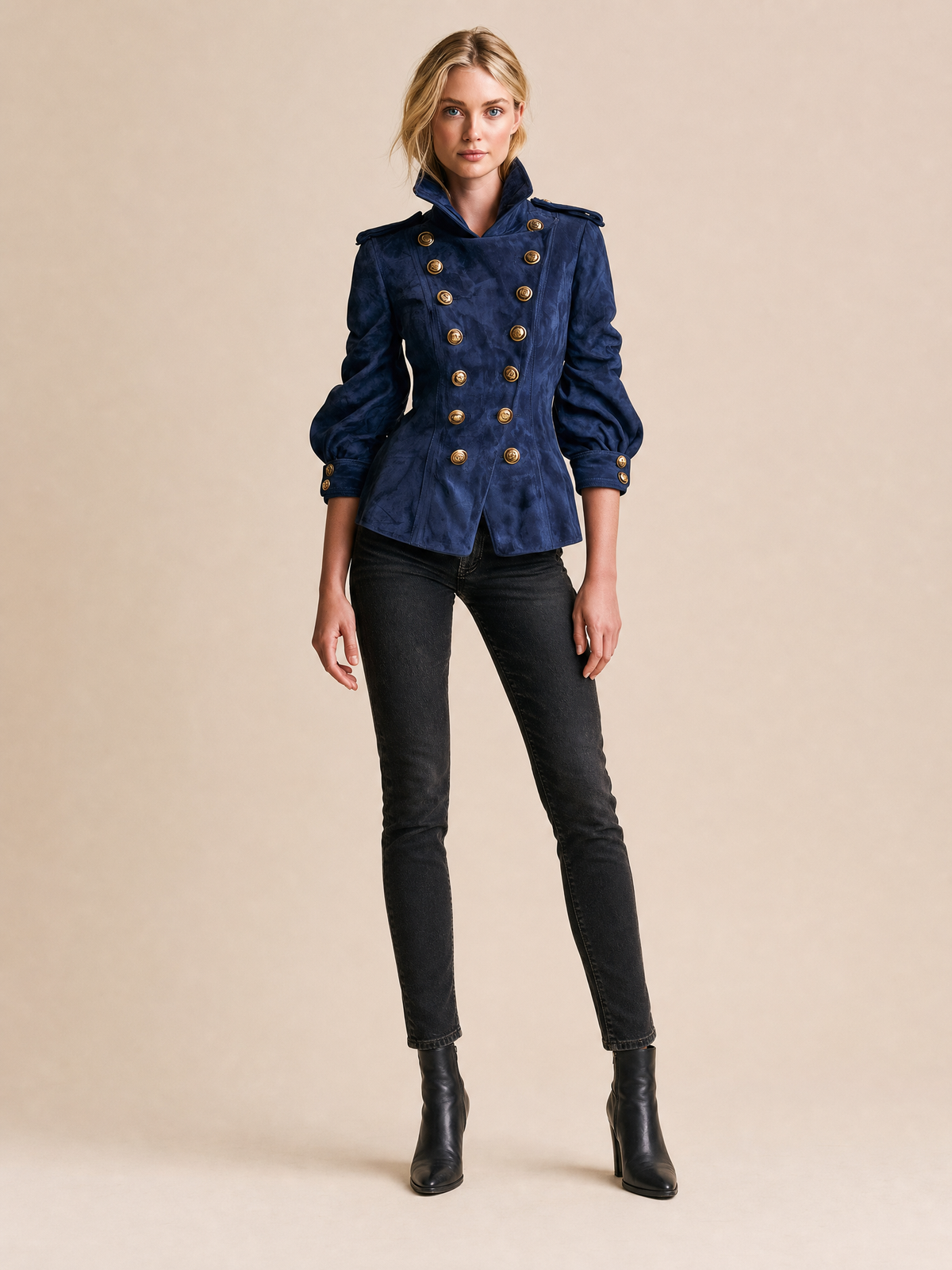 Navy Suede Military Double-Breasted Puff Sleeve Jacket