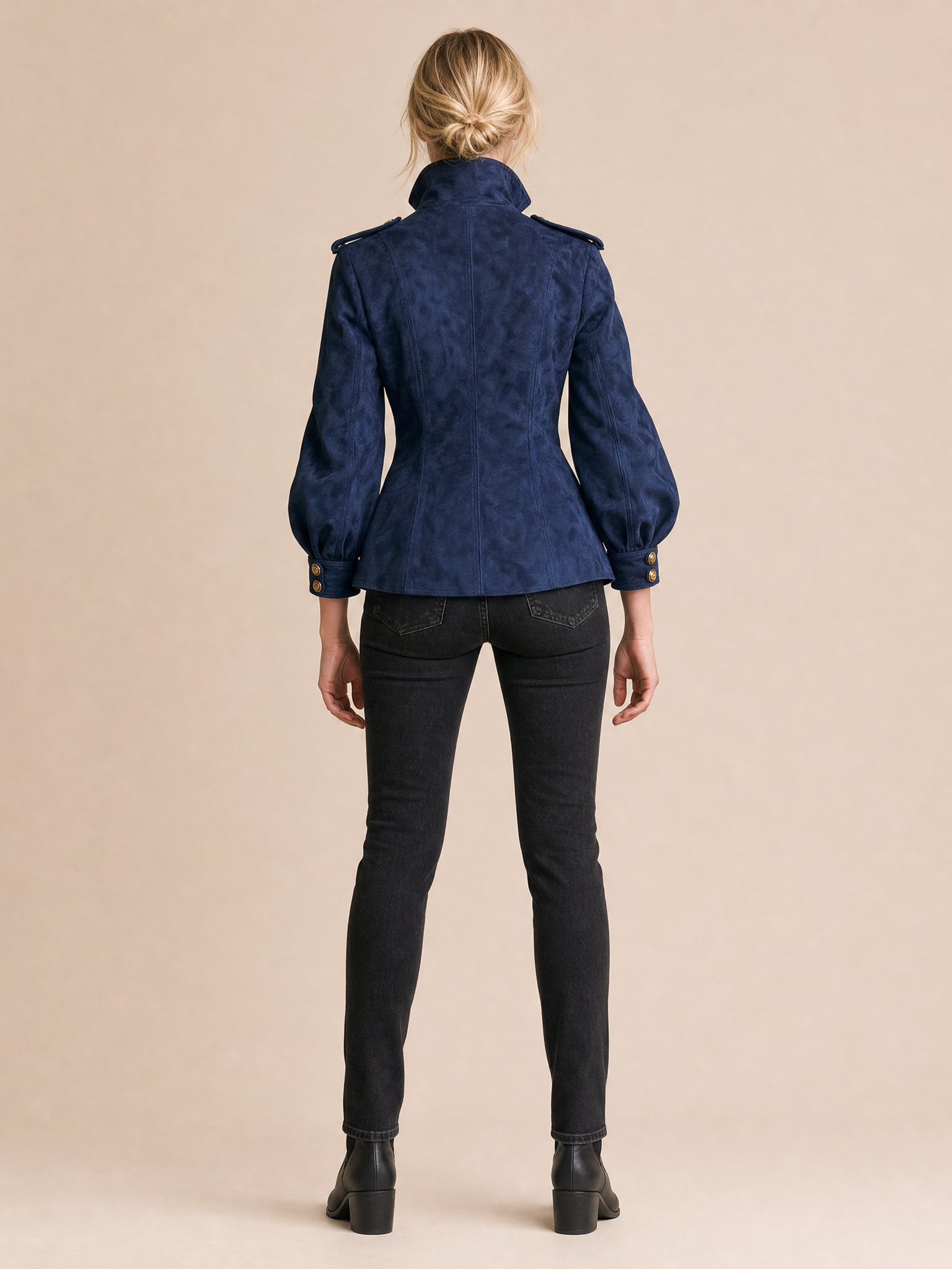 Navy Suede Military Double-Breasted Puff Sleeve Jacket